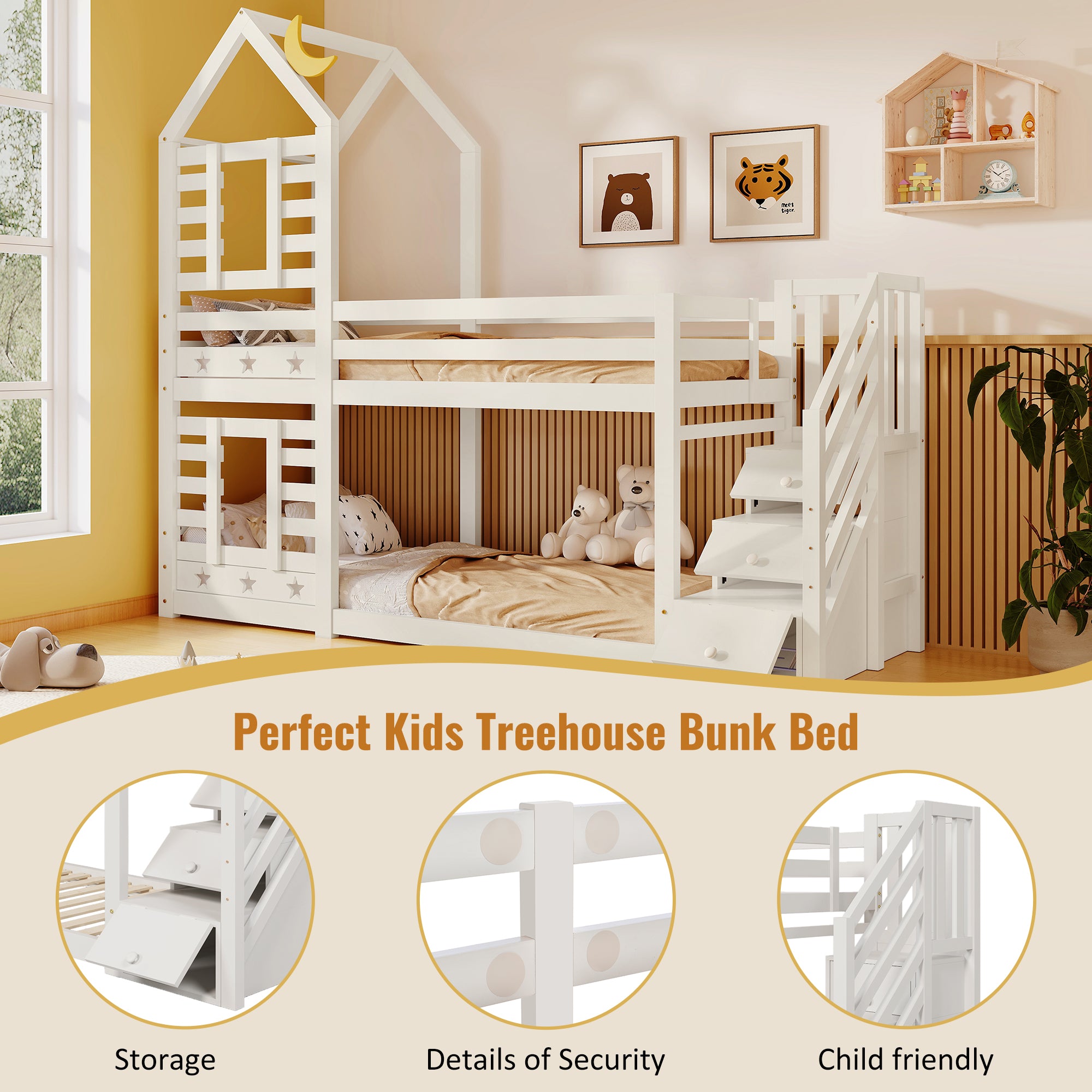 Bunk Bed Storage Children Cabin Bed Single Bed with Window for Kids, Twin Sleeper 190x90 cm, Solid Pine Wood,3FT -White(=SKU:TT30352678W)