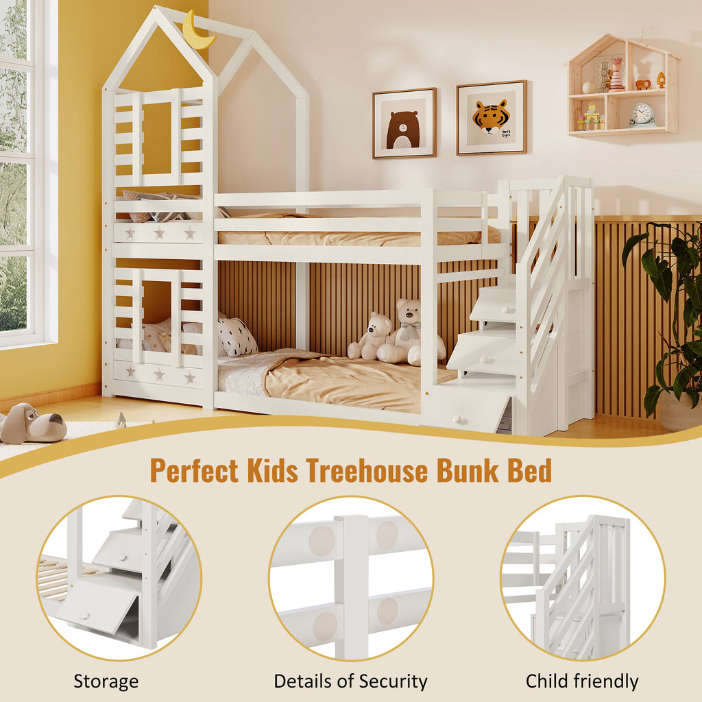 Bunk Bed Storage Children Cabin Bed Single Bed with Window for Kids, Twin Sleeper 190x90 cm, Solid Pine Wood,3FT -White(=SKU:TT30352678W)