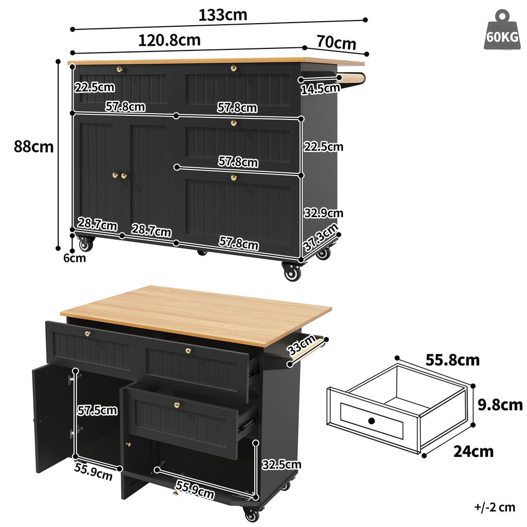 Rolling Mobile Kitchen Island, Table on Wheels with Drawer and Storage Cabinet, Portable Kitchen Island Cart with Drop Leaf, Breakfast Bar, Towel Rack, Black