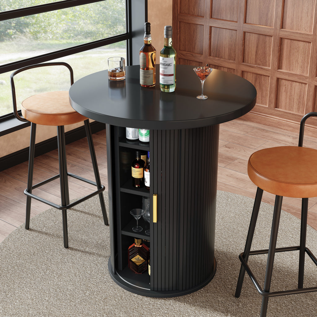 Round bar table with storage, 91.6cm high standing table with cabinet, MDF wood look, load capacity up to 75kg, for bar & living room