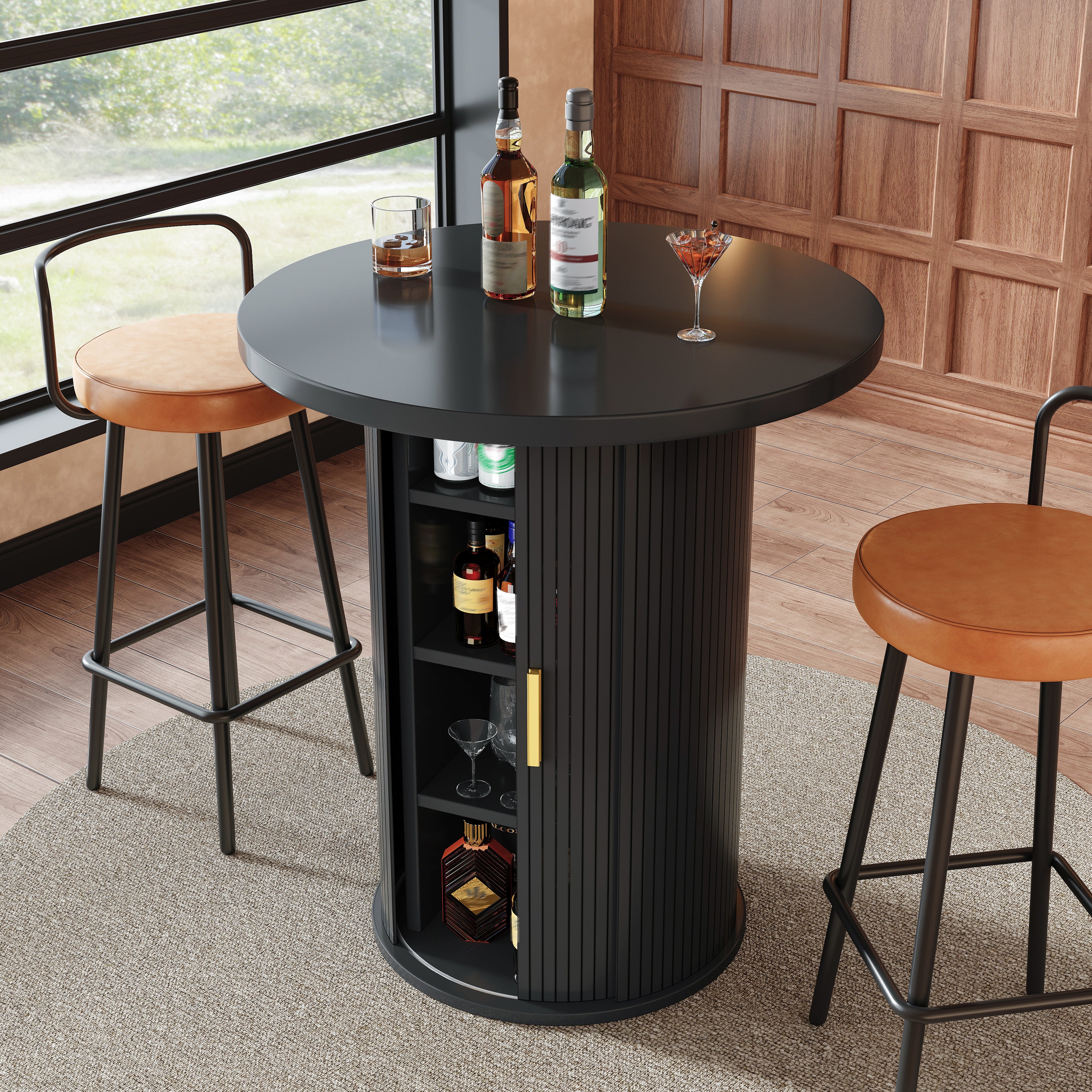 Round bar table with storage, 91.6cm high standing table with cabinet, MDF wood look, load capacity up to 75kg, for bar & living room