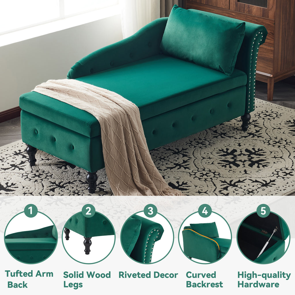 Velvet Chaise Lounge Sofa with Storage, Upholstered Chaise lounge Couch with Pillow for Living Room, Modern Nailhead-Trim & Button-tufted Lounge Chair, Bedroom and Office, Right Armrest