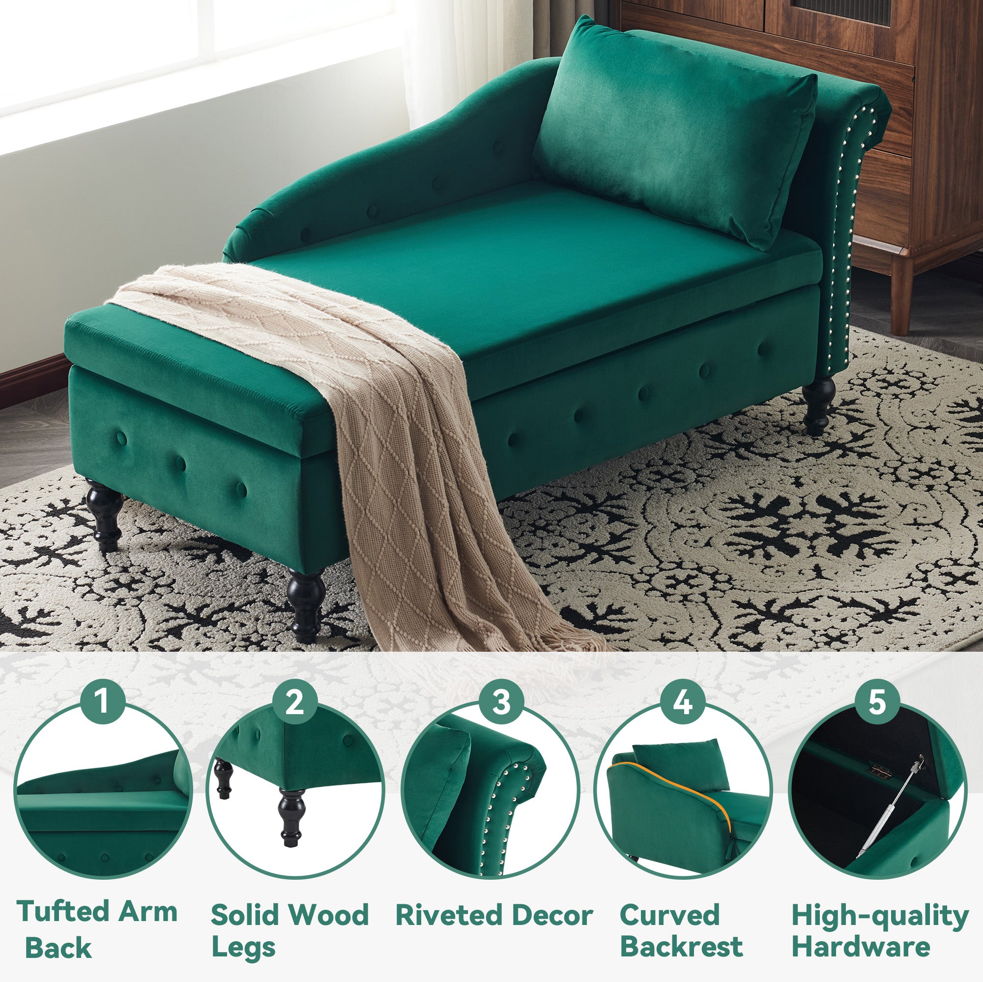 Velvet Chaise Lounge Sofa with Storage, Upholstered Chaise lounge Couch with Pillow for Living Room, Modern Nailhead-Trim & Button-tufted Lounge Chair, Bedroom and Office, Right Armrest