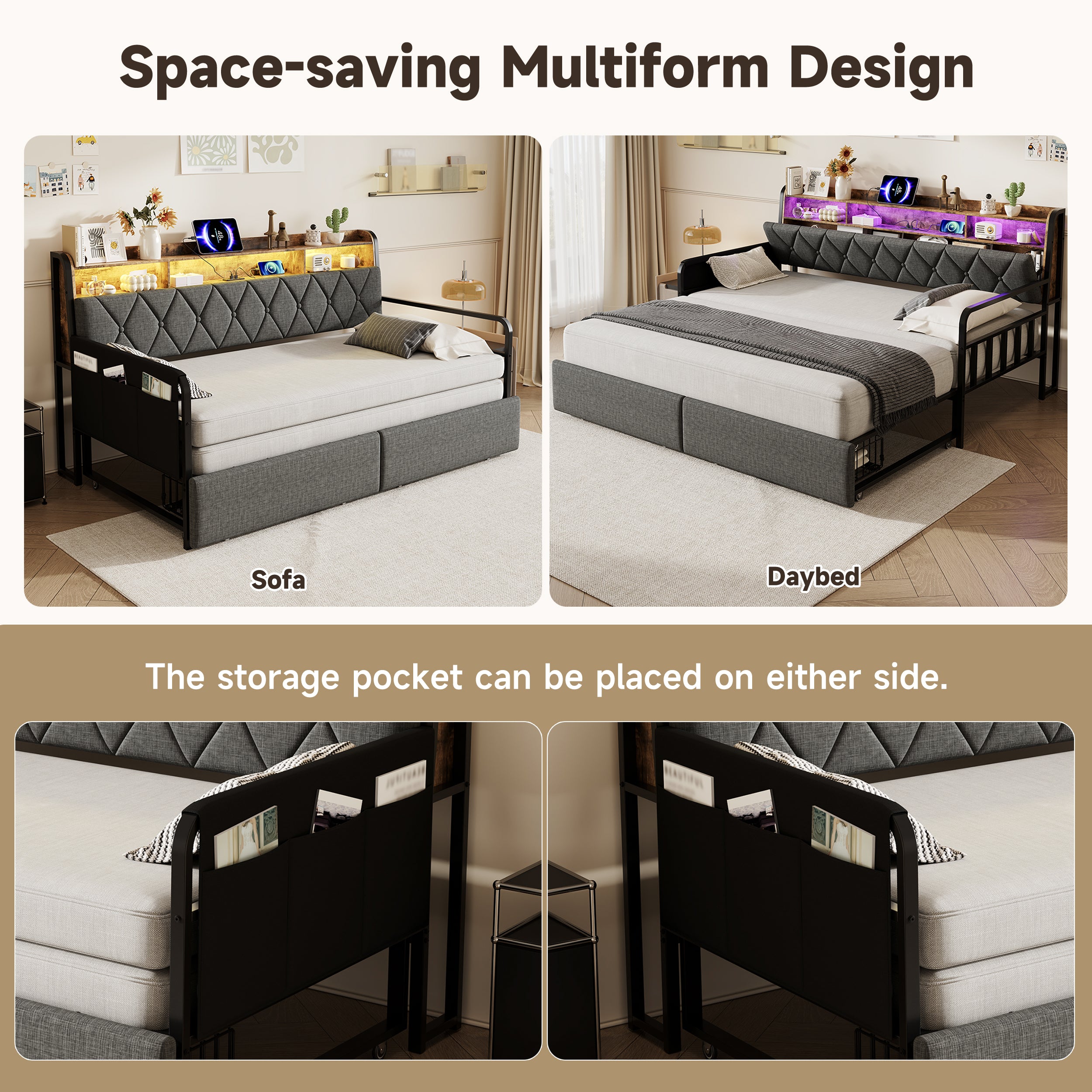 3ft Single Daybed with Pull-out Trundle and Storage Drawer, Walnut Wood Sofa Bed with LED Lighting and Charging Station, Concealed Headboard Storage, Reversible Side Pocket, Linen, Grey (No Mattress)