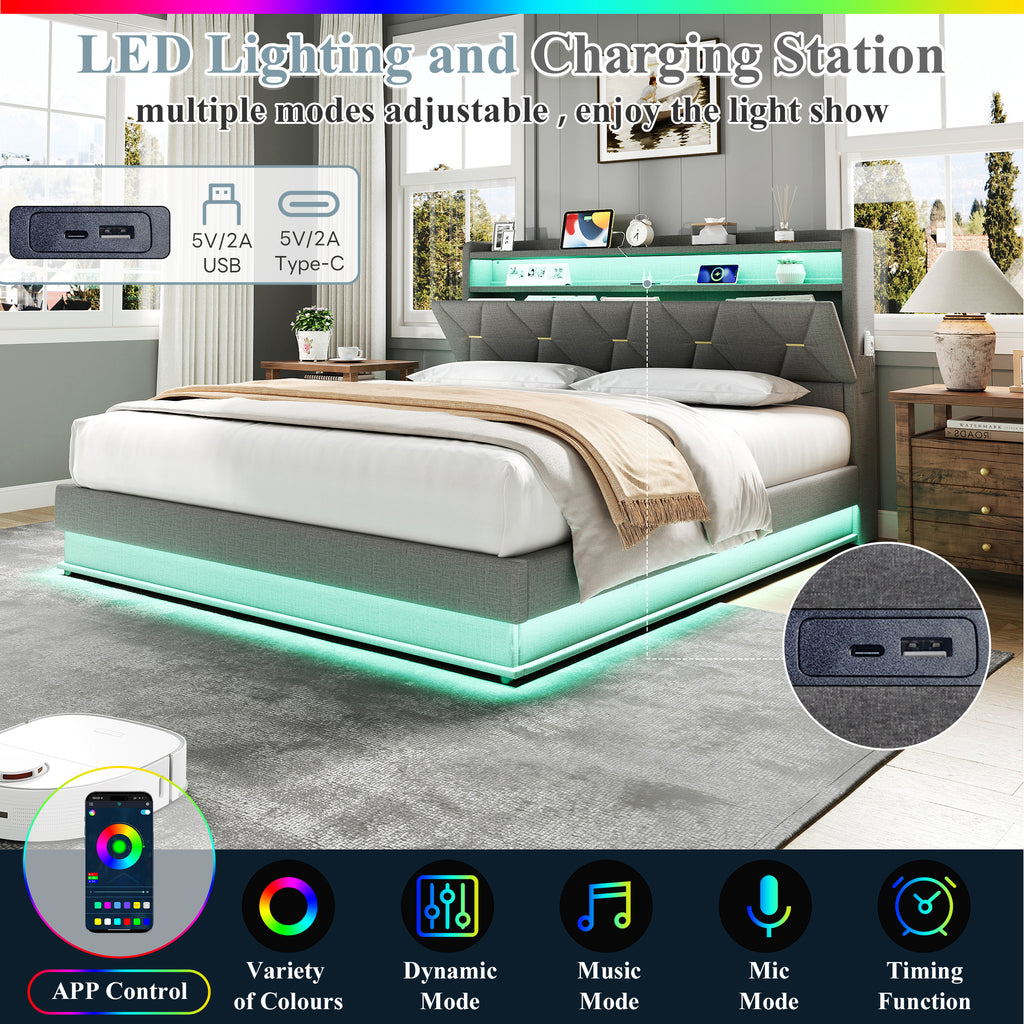 5ft King Upholstered Bed Frame with Hydraulic Storage,  LED Headboard with Charging Station and Concealed Headboard Storage, USB and Type - C Ports, Linen, No Box Spring Needed, Grey (No Mattress)