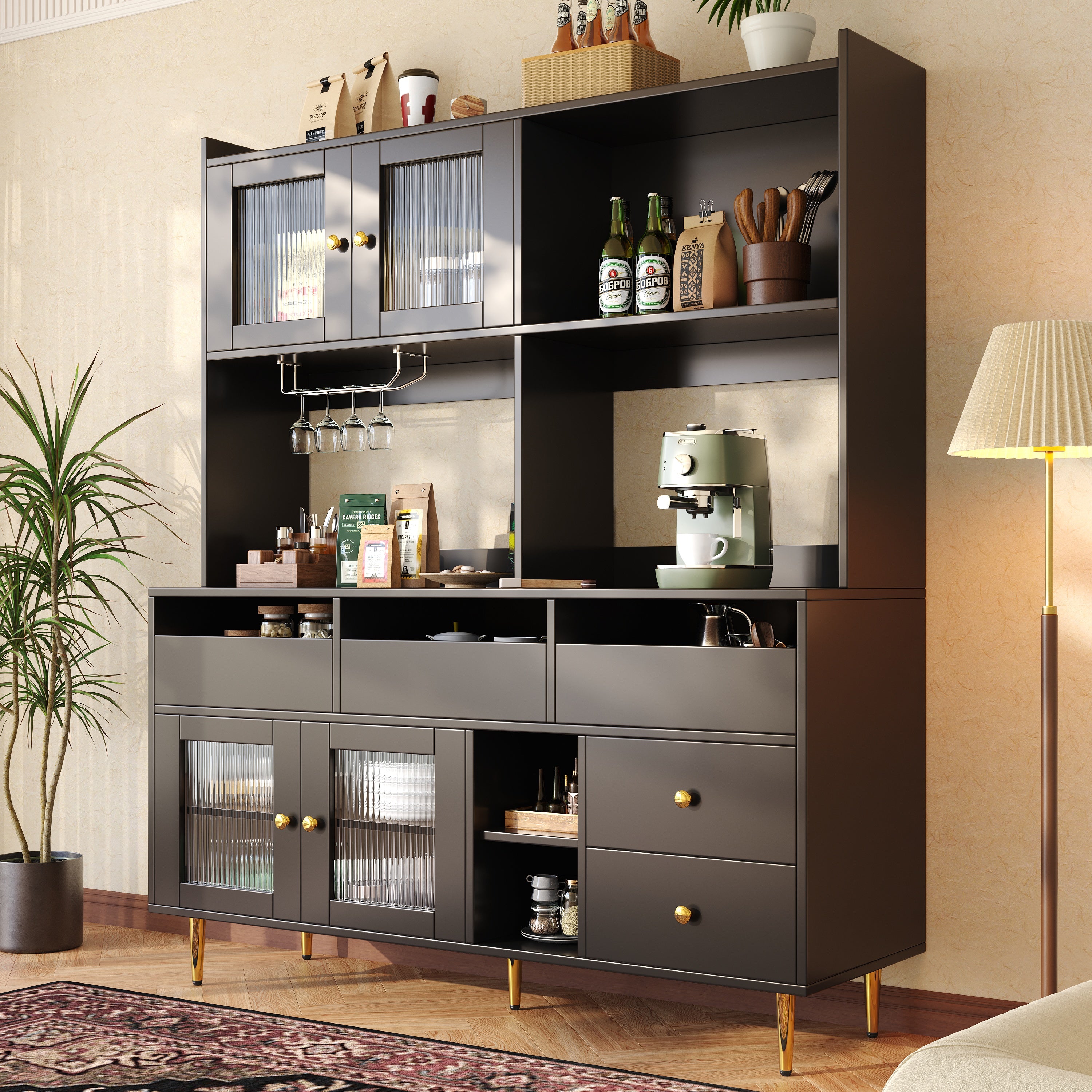 Multi-purpose Storage Cabinet(145 x 39 x 171 cm), Modern design, with Changhong glass door, Wine glass holder, Multi-layered storage space, Black with gold decoration, Suitable for home and restaurant