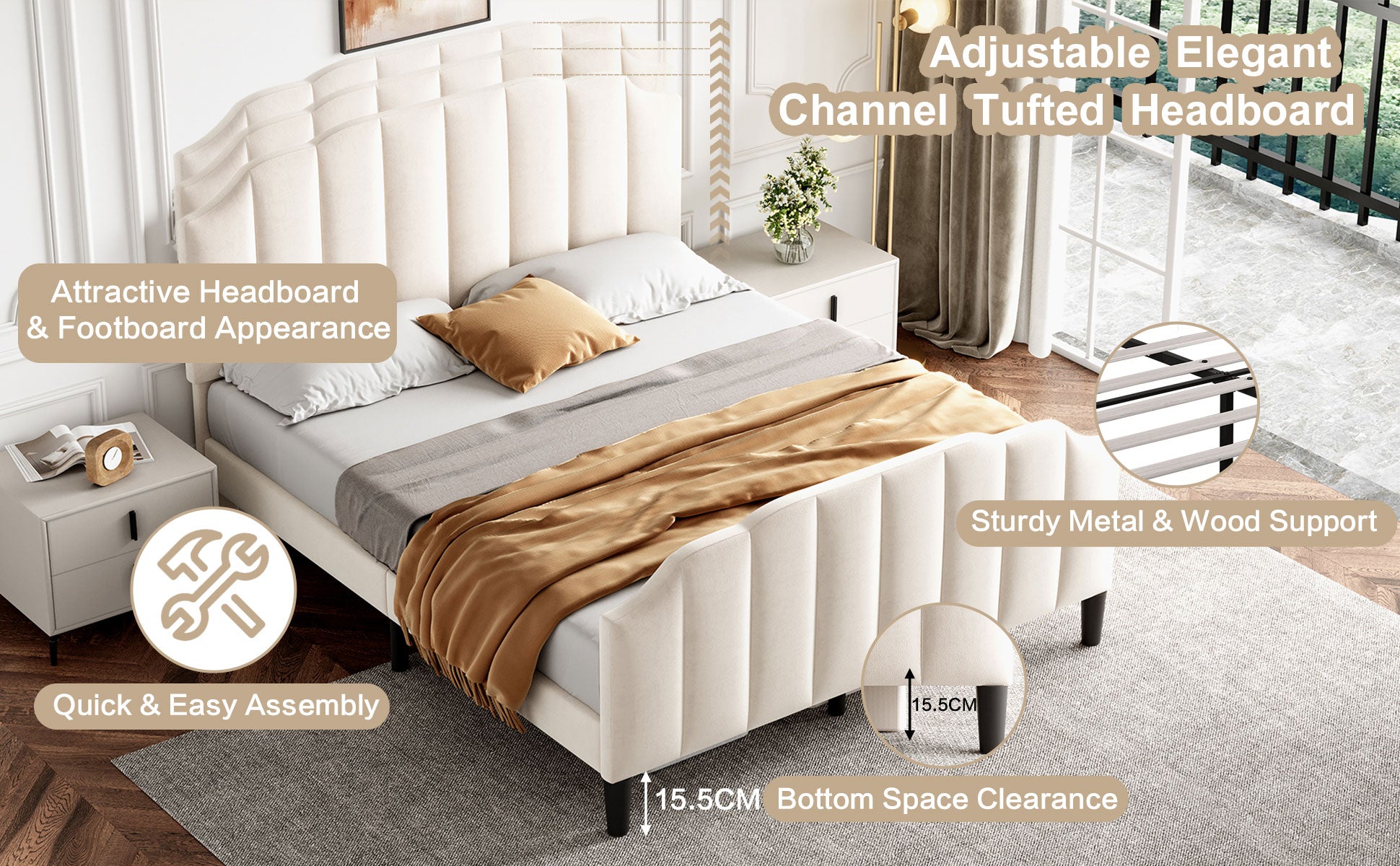 4ft6 Double Upholstered Bed Frame with Adjustable Chic Channel-Tufted Headboard, Velvet Platform Bed Frame with Solid Wood Slat and Mute Foam, No Box Spring Needed, Easy Assembly, Beige (No Mattress)