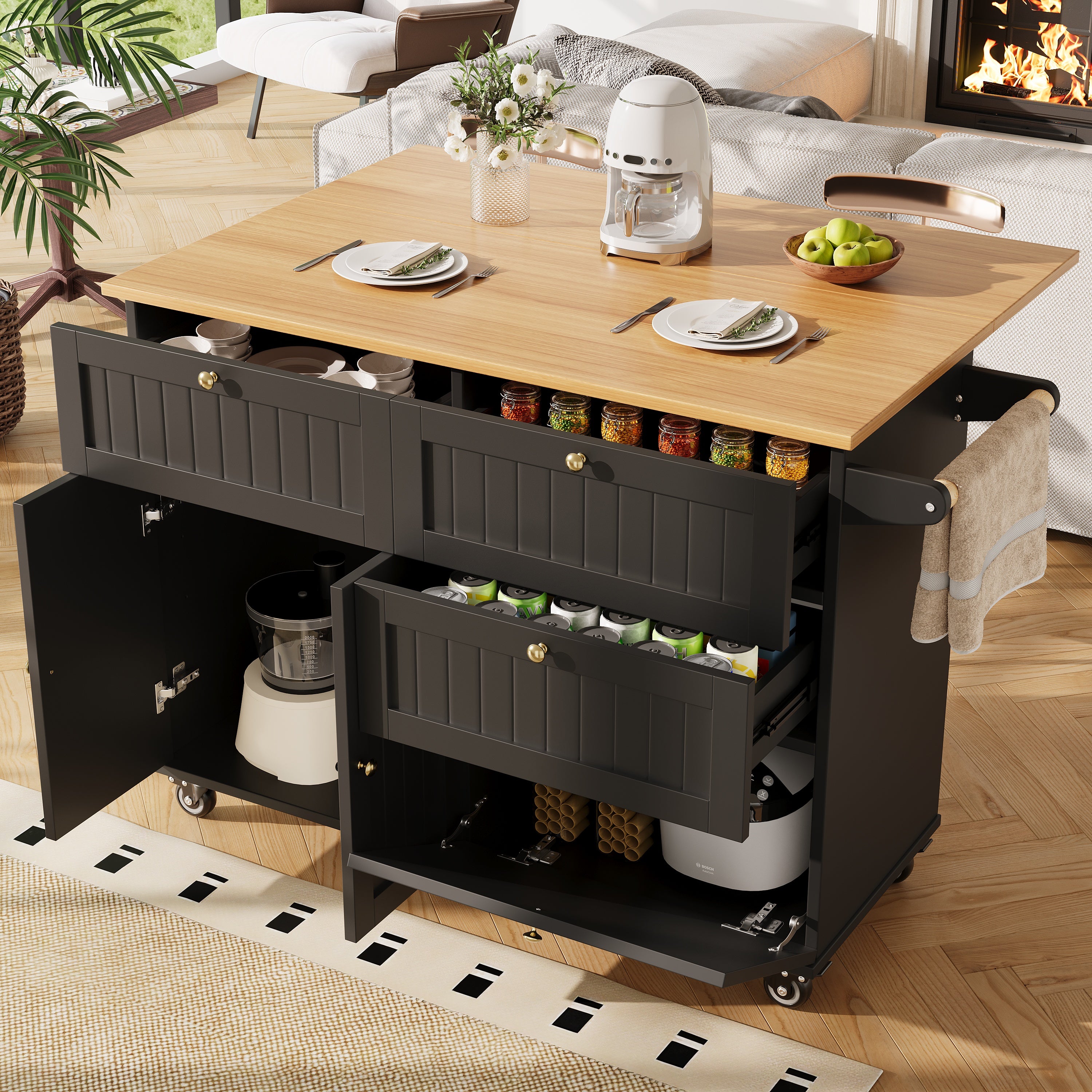 Rolling Mobile Kitchen Island, Table on Wheels with Drawer and Storage Cabinet, Portable Kitchen Island Cart with Drop Leaf, Breakfast Bar, Towel Rack, Black
