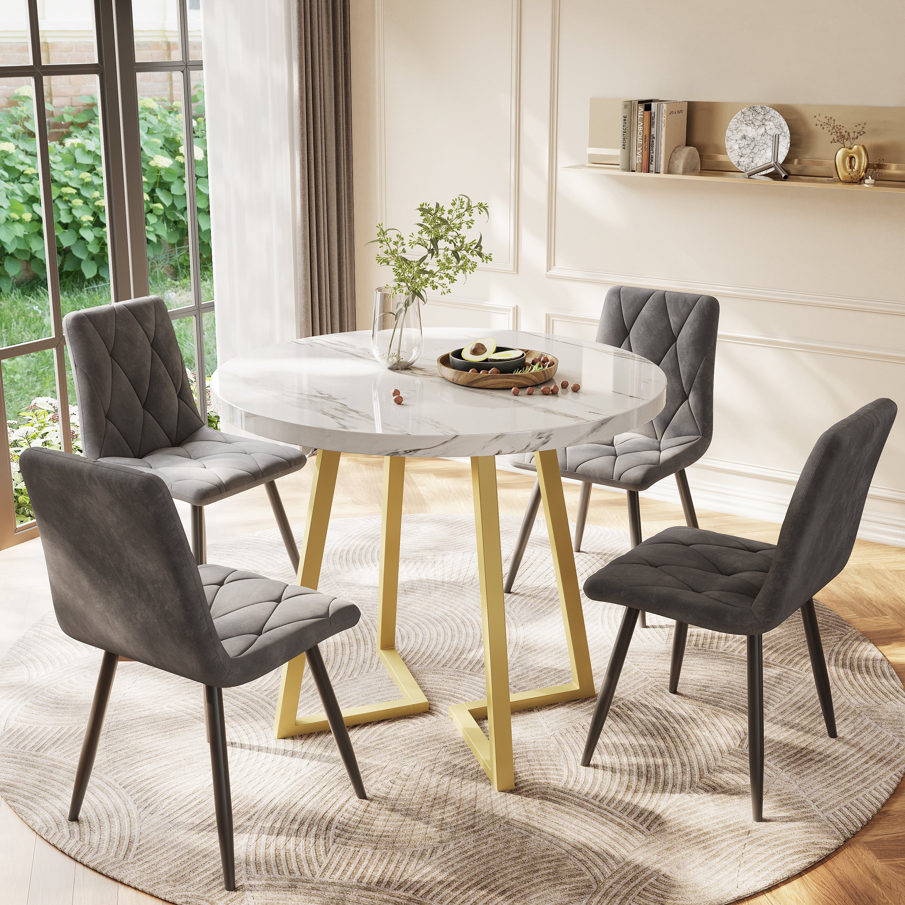 Modern metal frame marble pattern round coffee table (80*80*75cm) with gold stand, suitable for small dining table in living room and bedroom