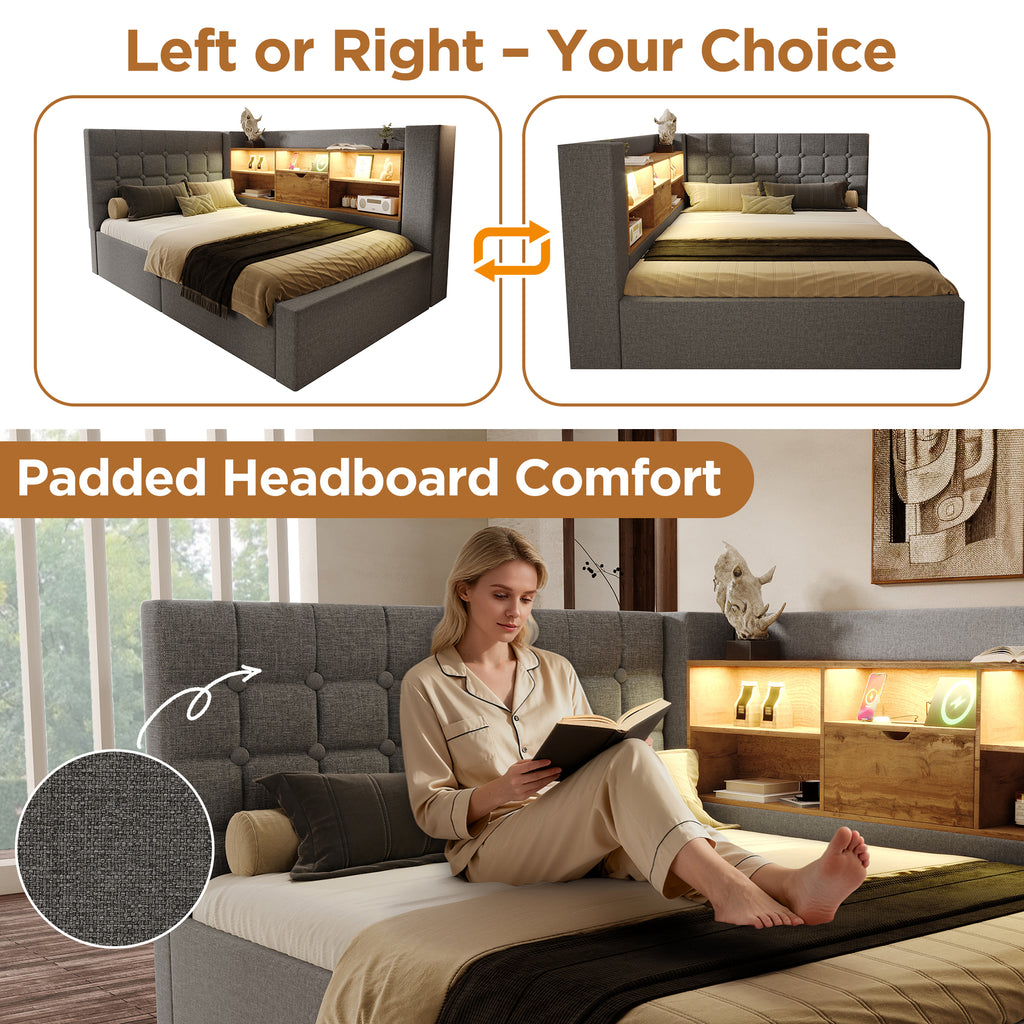 Daybed Upholstered Bed 90 x 190 cm, 3FT Single Sofa Bed with Hydraulic Storage, USB &Type-C Charging Station, Single Bed for Living Room and Bedroom, Linen, Grey (No Mattress)