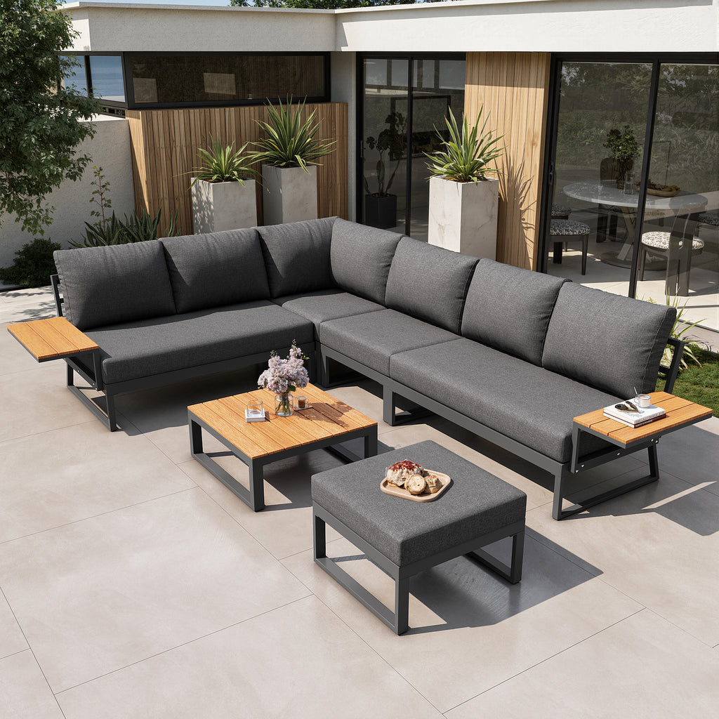 L-Shaped Garden Sofa Set with Wooden Armrests / Weather-Resistant Corner Suite & Daybed Made of Iron / Including Wooden Table, Armchair & Stool, 7-Person / With Cushions / Gray