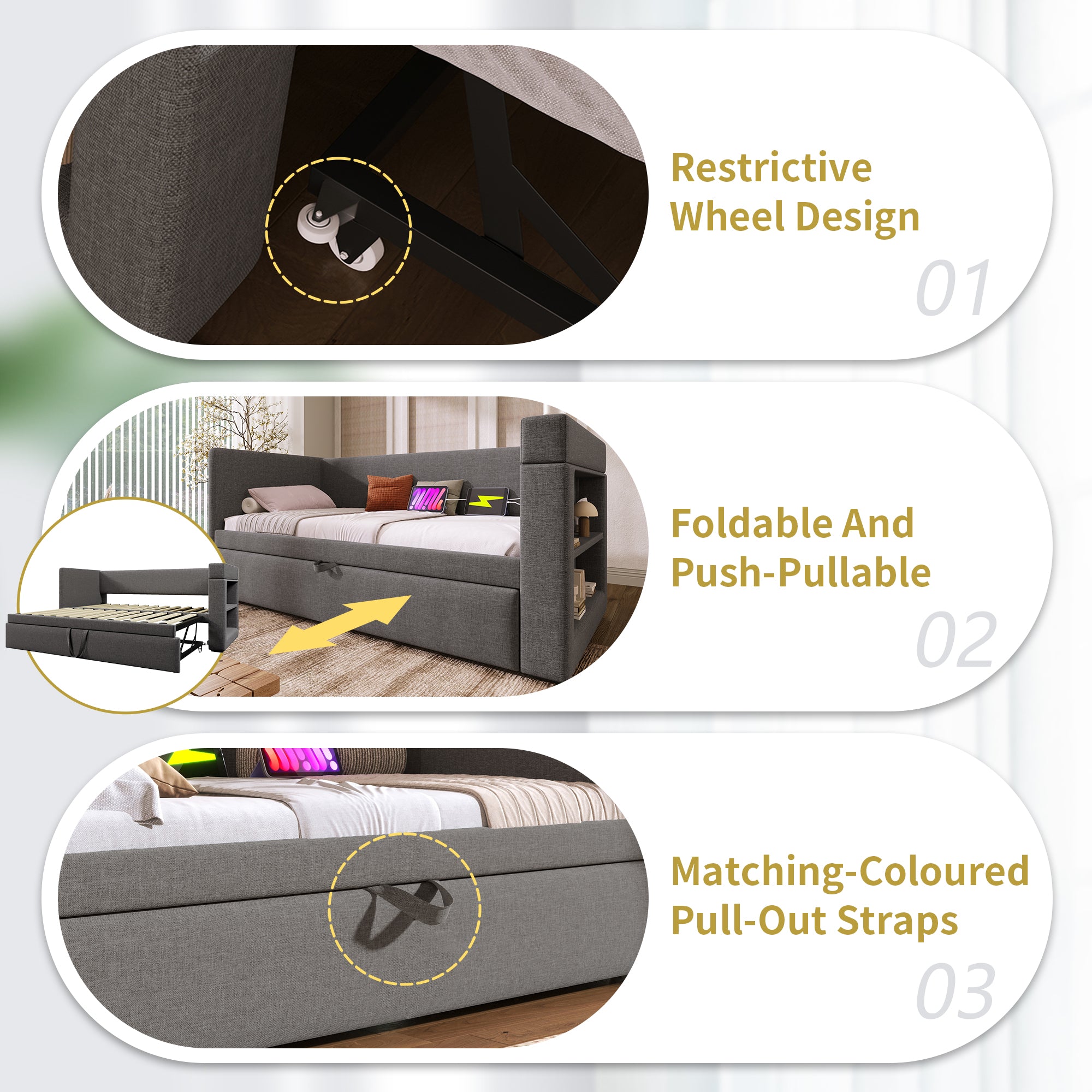 (=TT20148990G) Daybed Upholstered Bed 90 x 190 cm, 3FT Single Sofa Bed with Cup Holders, USB &Type C Charging Station, Pull out Trundle for Living Room and Bedroom, Linen, Grey  (No Mattress)