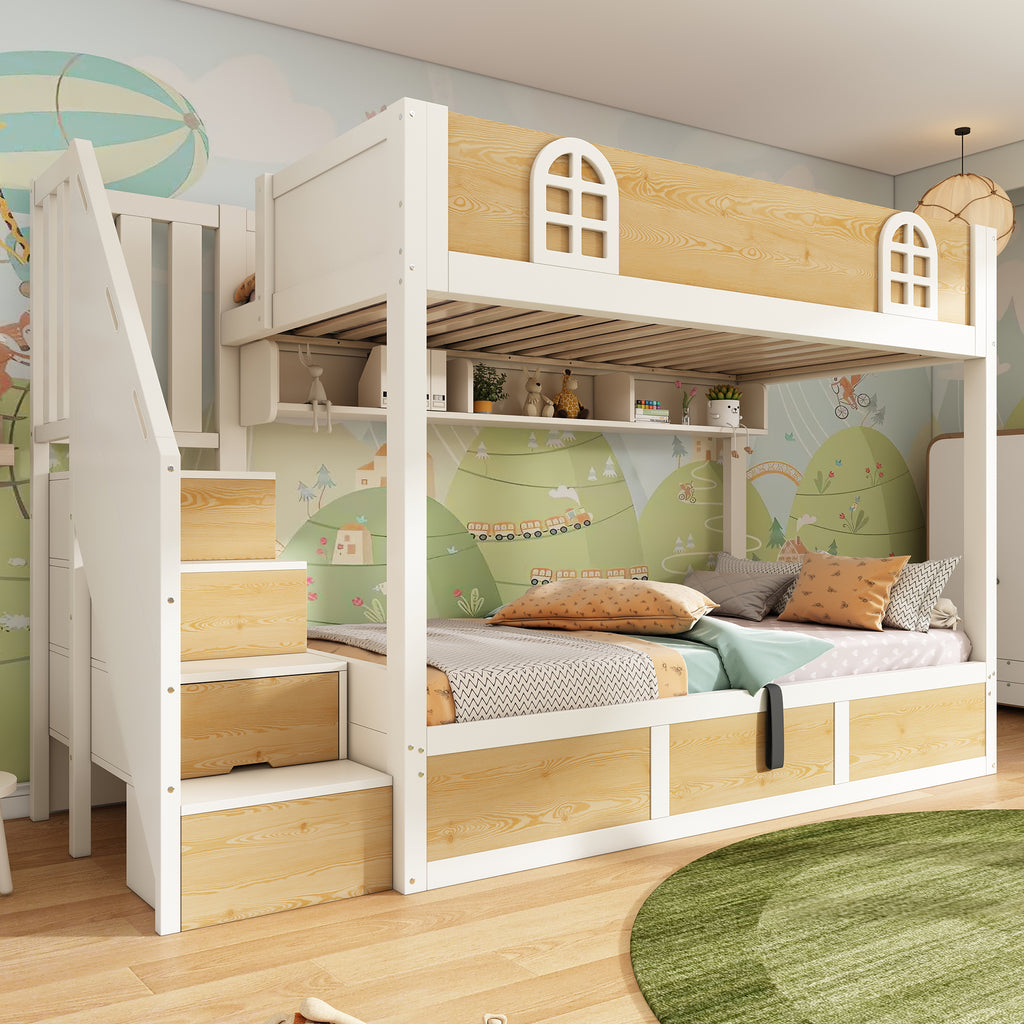 Bunk Beds for Kids, Staircase Bunk with Storage Cube, Children's Bed with Hydraulic Storage, Double Bed High Sleeper for Family with Multiple Children, 90 x 190 cm, Solid Wood, White & Natural