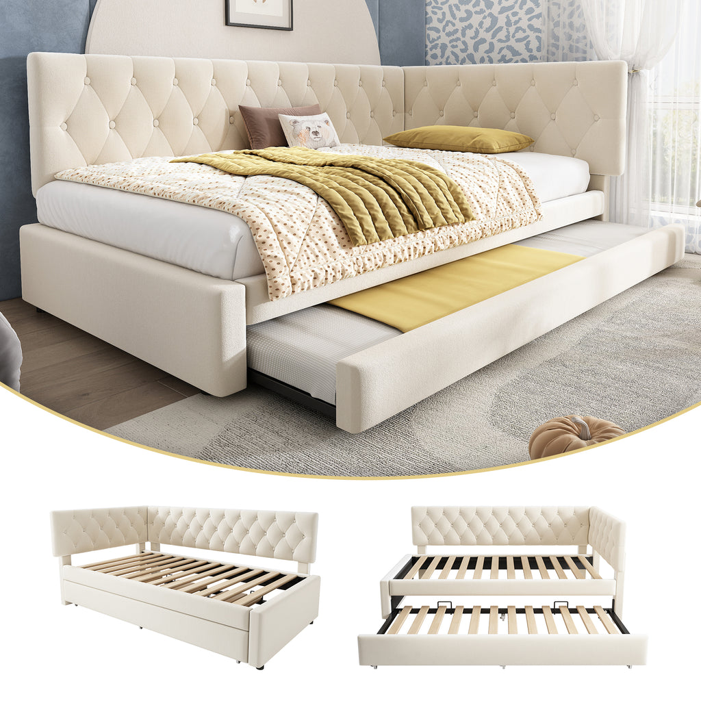 Upholstered Bed Daybed with Pull-Out Bed, 3FT Single Sofa Bed 90 x 190 cm, Ottoman Bed Trundle Beds for Adults and Kids, Bed with Slatted Frame, Velvet, Beige (No Mattress)