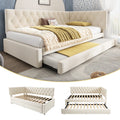 Upholstered Bed Daybed with Pull-Out Bed, 3FT Single Sofa Bed 90 x 190 cm, Ottoman Bed Trundle Beds for Adults and Kids, Bed with Slatted Frame, Velvet, Beige (No Mattress)