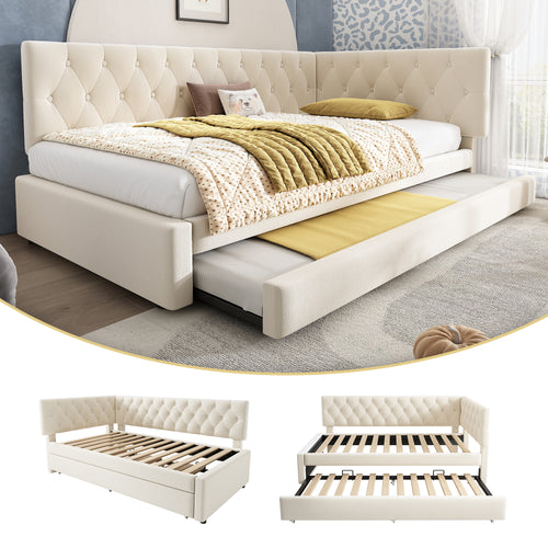 Upholstered Bed Daybed with Pull-Out Bed, 3FT Single Sofa Bed 90 x 190 cm, Ottoman Bed Trundle Beds for Adults and Kids, Bed with Slatted Frame, Velvet, Beige (No Mattress)
