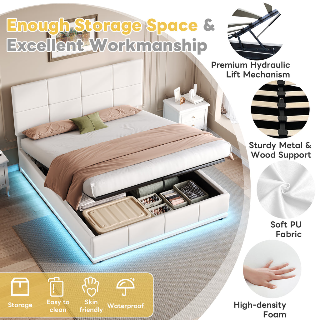 Ottoman Double Bed with LED Lighting, PU Leather Upholstered Bed with Hydraulic Storage, 4ft6 Double Bed Frame with Adjustable Square Tufted Headboard, Cream White (No Mattress)