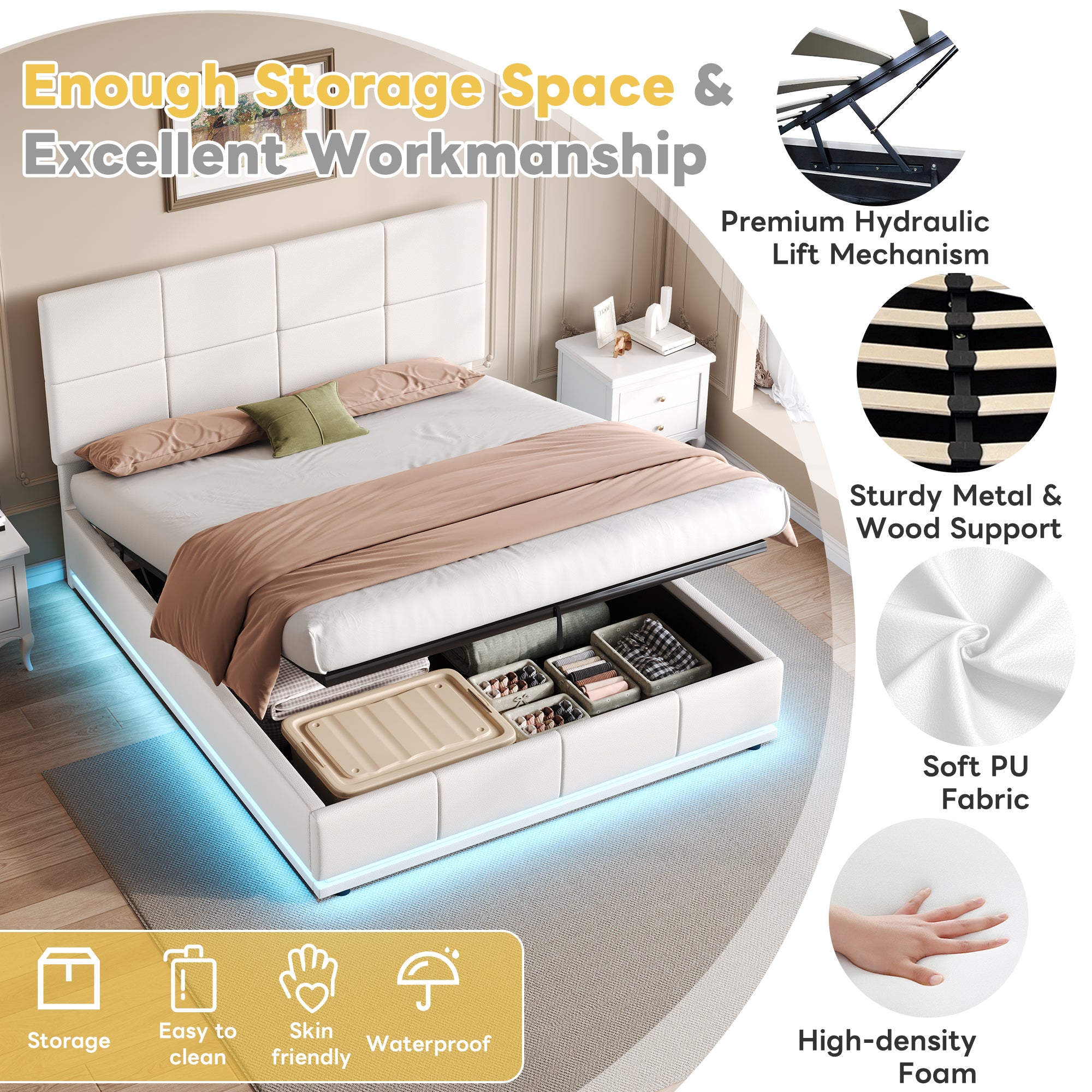 Ottoman Double Bed with LED Lighting, PU Leather Upholstered Bed with Hydraulic Storage, 4ft6 Double Bed Frame with Adjustable Square Tufted Headboard, Cream White (No Mattress)