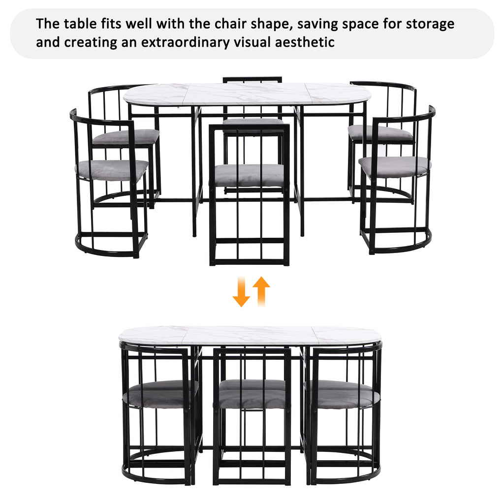 Six-chair dining table set: (White table, chairs with backrests and gray cushions, black iron frame), dining room table and chair set, modern dining table combination