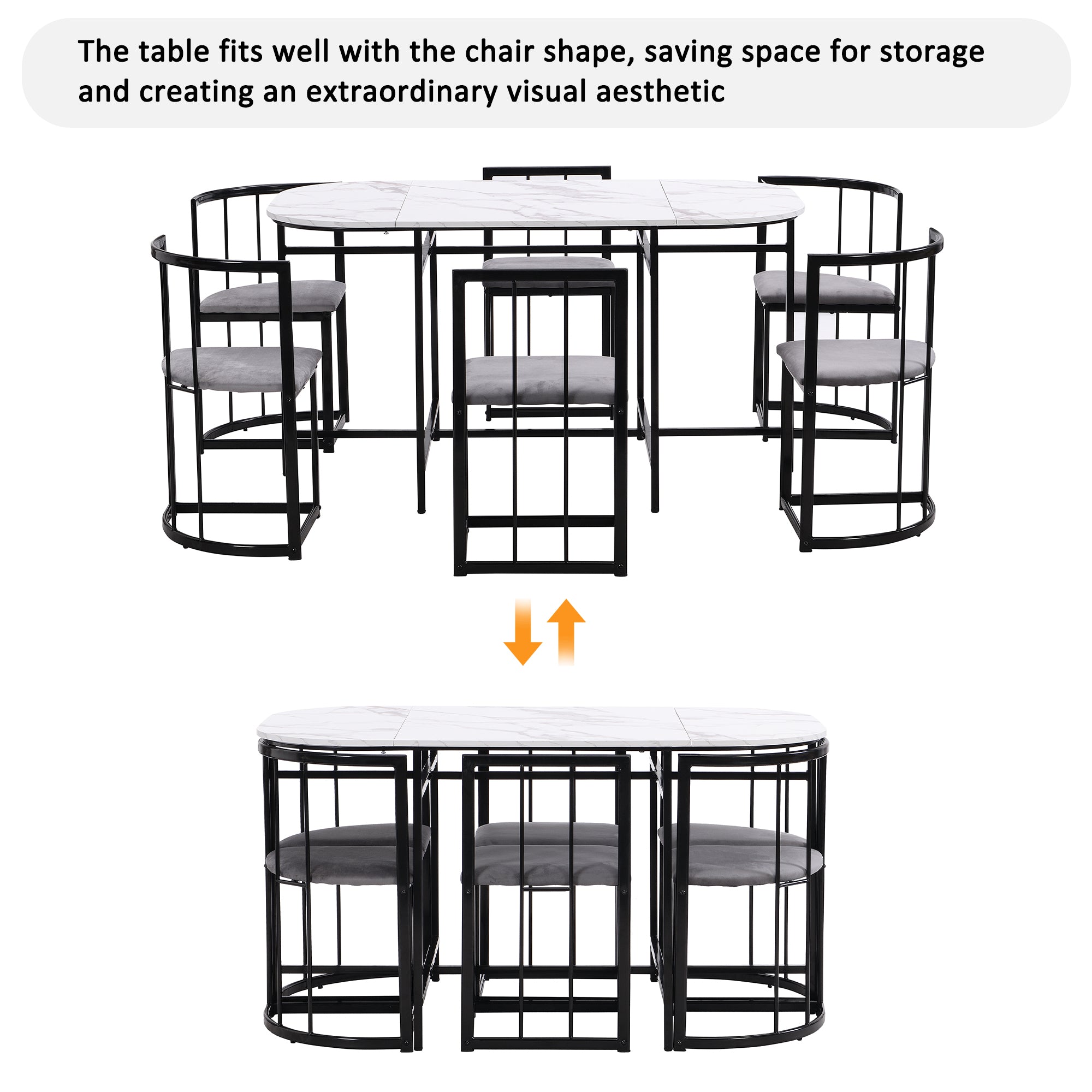 Six-chair dining table set: (White table, chairs with backrests and gray cushions, black iron frame), dining room table and chair set, modern dining table combination