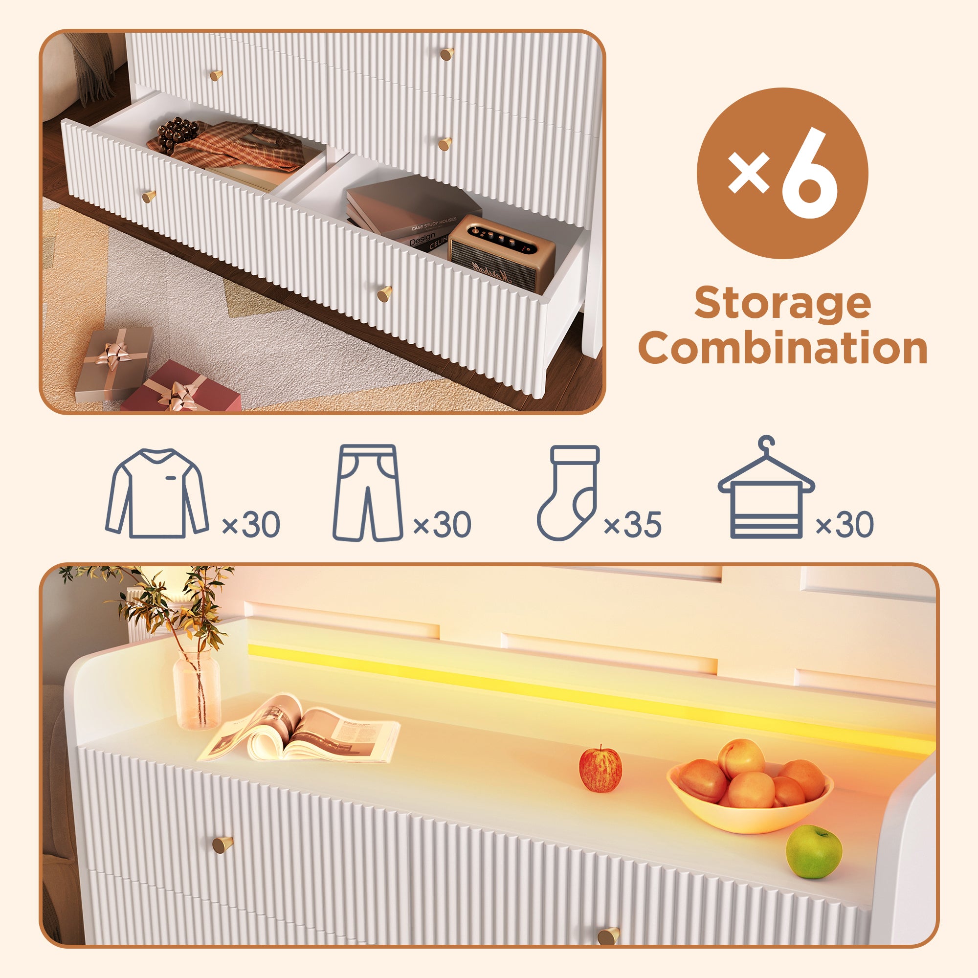 Fluted 6-Drawer Sideboard, Modern Storage Cabinet with RGB LED Lighting & Shelves,, Chest of Drawers for Living Room Bedroom Dining Room Office, 75x 120 x 40 cm, White
