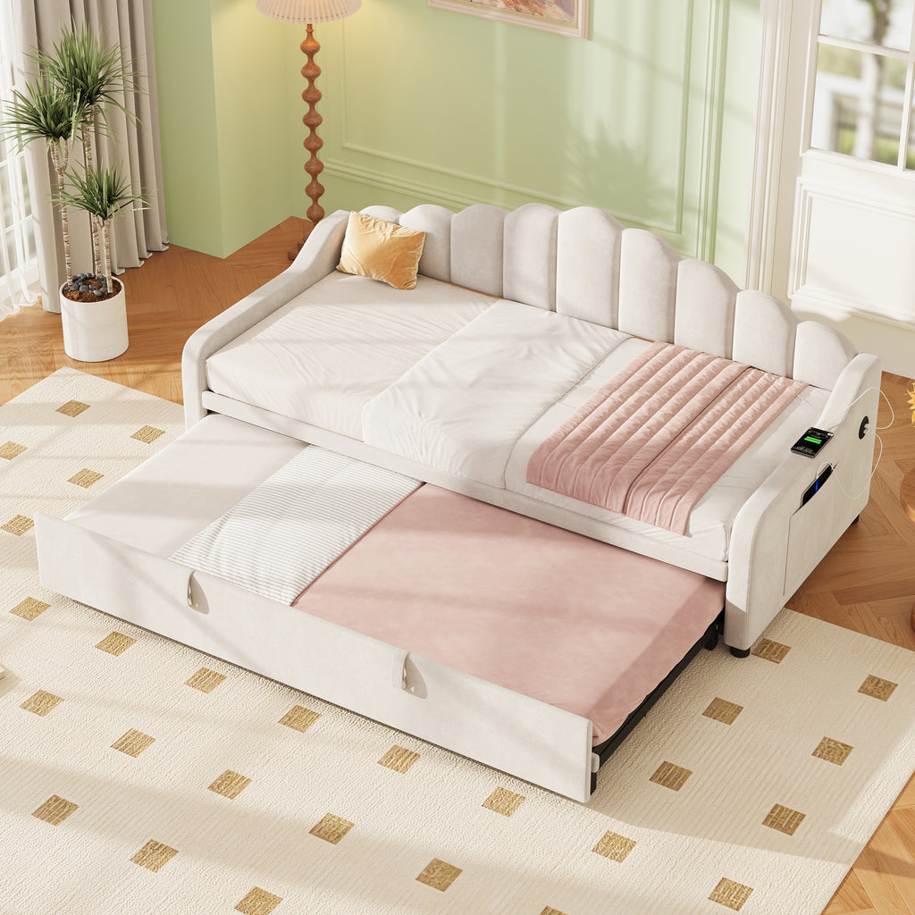 3ft Single Daybed with Pull-out Trundle, Velvet Upholstered Sofa Bed with Side Charging Station & Storage Pockets, Chic Fluted Scalloped Backrest, Beige (No Mattress)