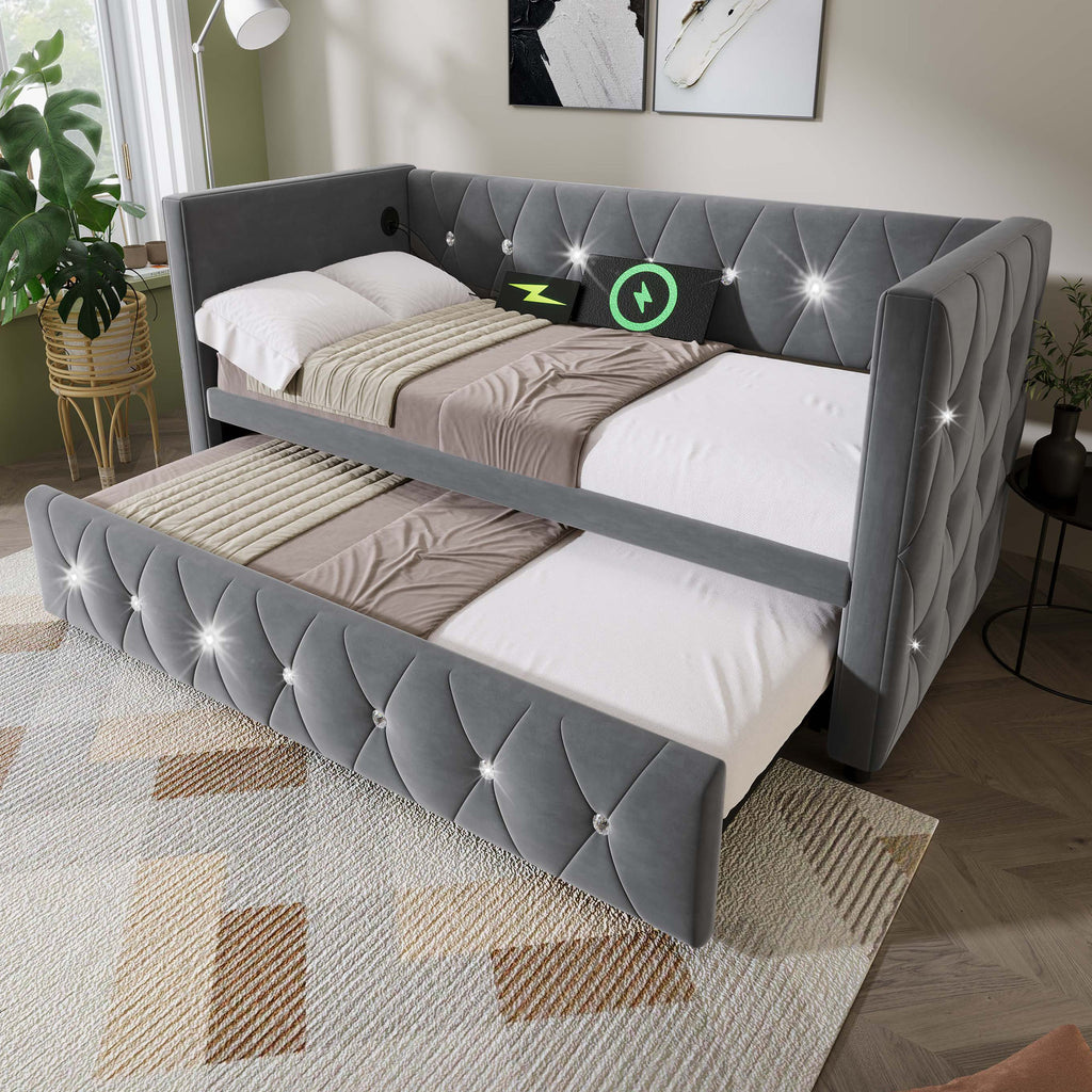 Daybed Single Upholstered Bed Sofa Bed with USB &Type C Charging Station, 3FT Single Bed 90 x 190 cm with Trundle ,Pull out Trundle for Living Room and Bedroom, Velvet ,Grey