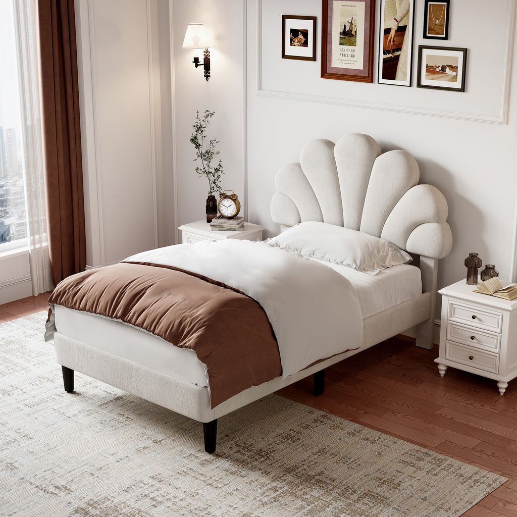 3ft Single Upholstered Velvet Bed Frame, with Adjustable Chic Petal Headboard, Velvet Platform Bed Frame with Solid Wood Slat, No Box Spring Needed, Easy Assembly, Beige