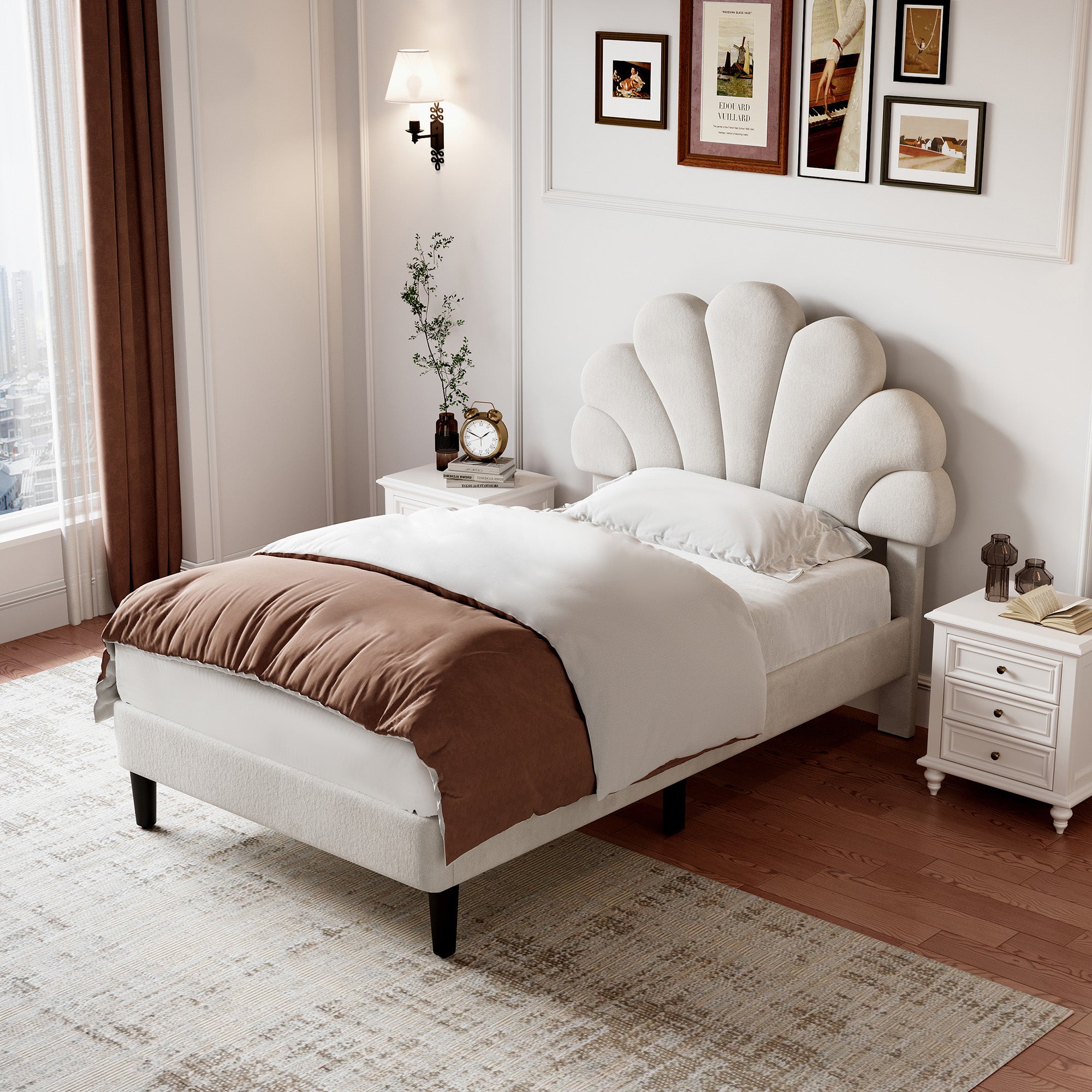 3ft Single Upholstered Velvet Bed Frame, with Adjustable Chic Petal Headboard, Velvet Platform Bed Frame with Solid Wood Slat, No Box Spring Needed, Easy Assembly, Beige