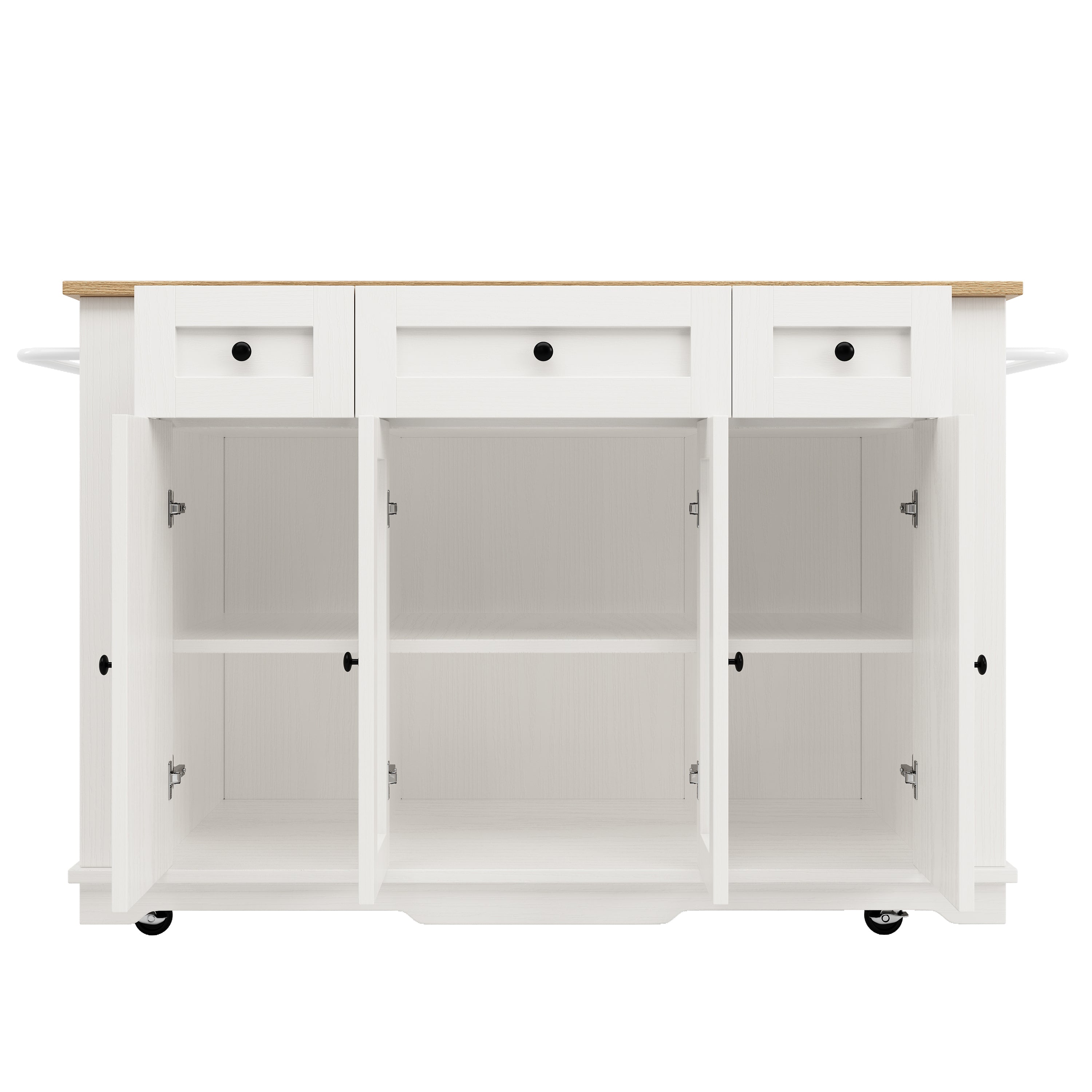 Kitchen island, (151.5x60x91.7cm)removable partitions, kitchen cabinet, dining trolley with worktop, sideboard, dining trolley with wood grain finish, sideboard, tempered glass cabinet, white/black