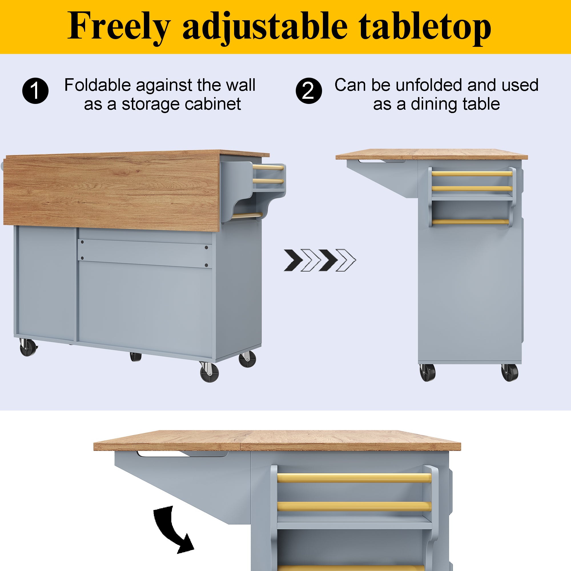 Kitchen island (110×45-75×92cm), removable serving trolley buffet cabinet, dining trolley with vintage pattern, buffet cabinet, multifunctional dining table with storage space, Blue