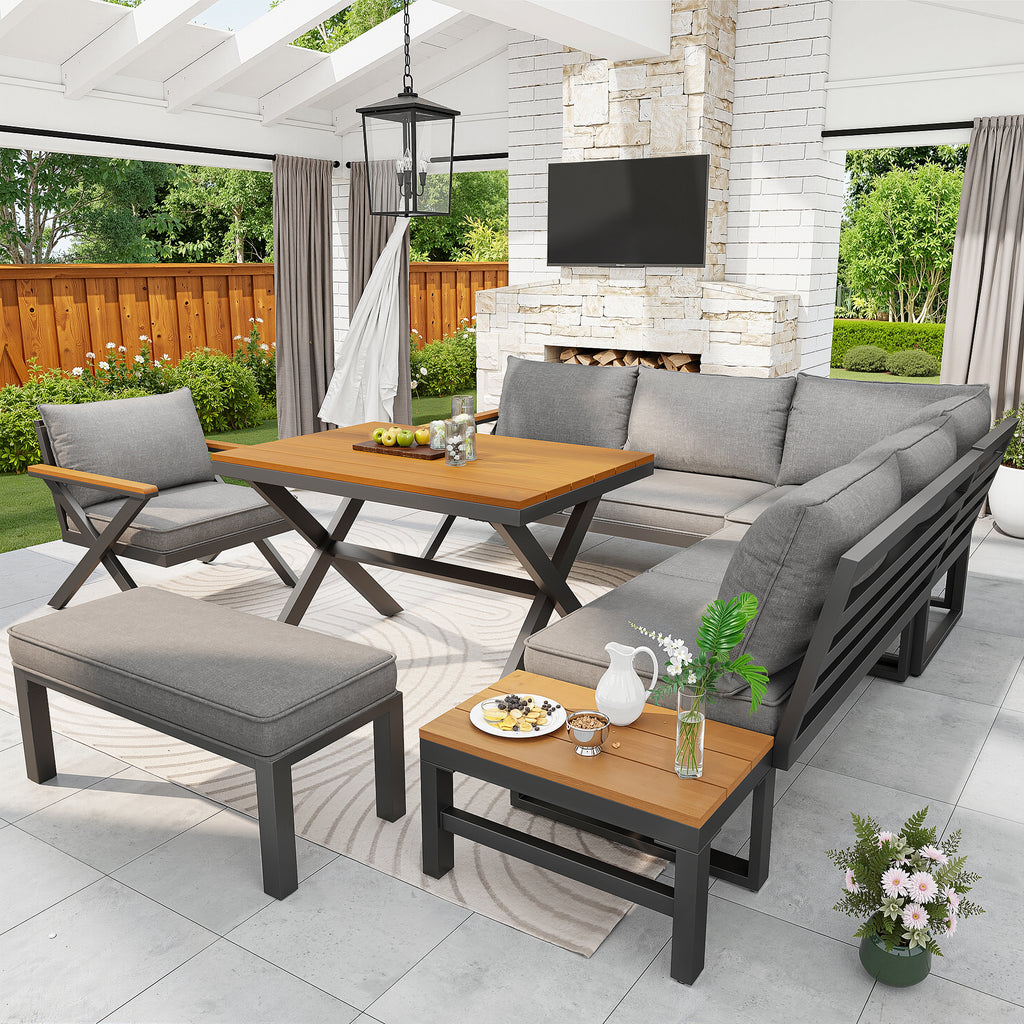 Outdoor Sofa Set with X-Shaped Metal Frame, 8cm Thick Cushions, Plastic Wood Armrests, for Patio & Garden