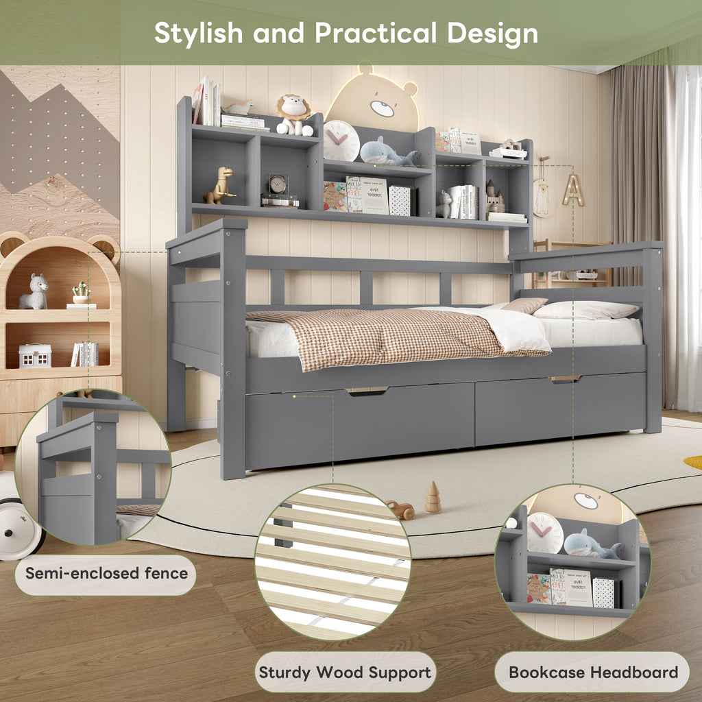 3ft Single Beds for Kids with Two Storage Drawers and Bookcase headboard, Wooden Bed Frame with Storage and Guardrail, Space-Saving Design for Bedroom, Dorm and Study Room, Grey (No Mattress)