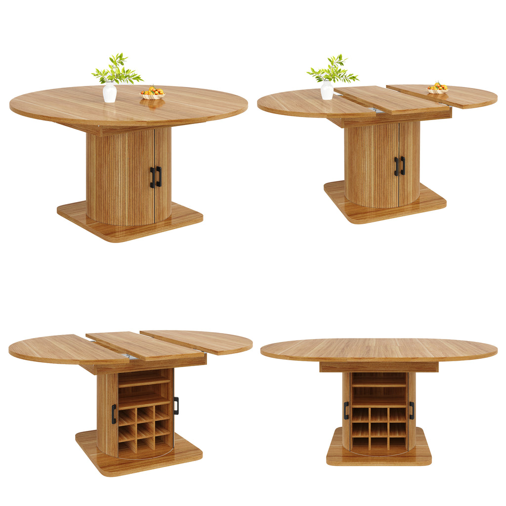Extendable dining table with storage, multifunctional folding table with wine rack, space-saving kitchen table for small rooms and dining rooms, MDF tabletop, natural brown