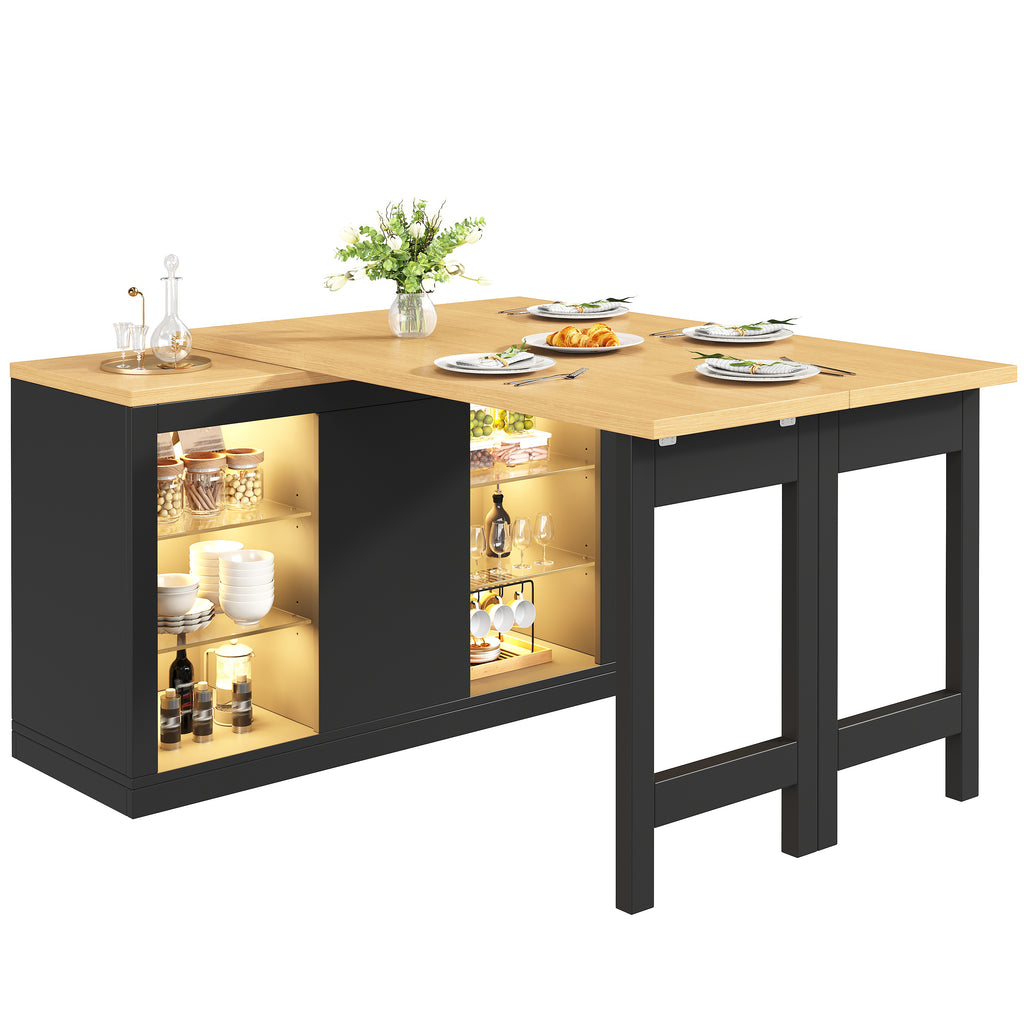 Extendable Sideboard with LED Lights, 120-197 cm Adjustable Dining Table with Storage, Kitchen cabinet with glass shelves & snack rack, White/Black