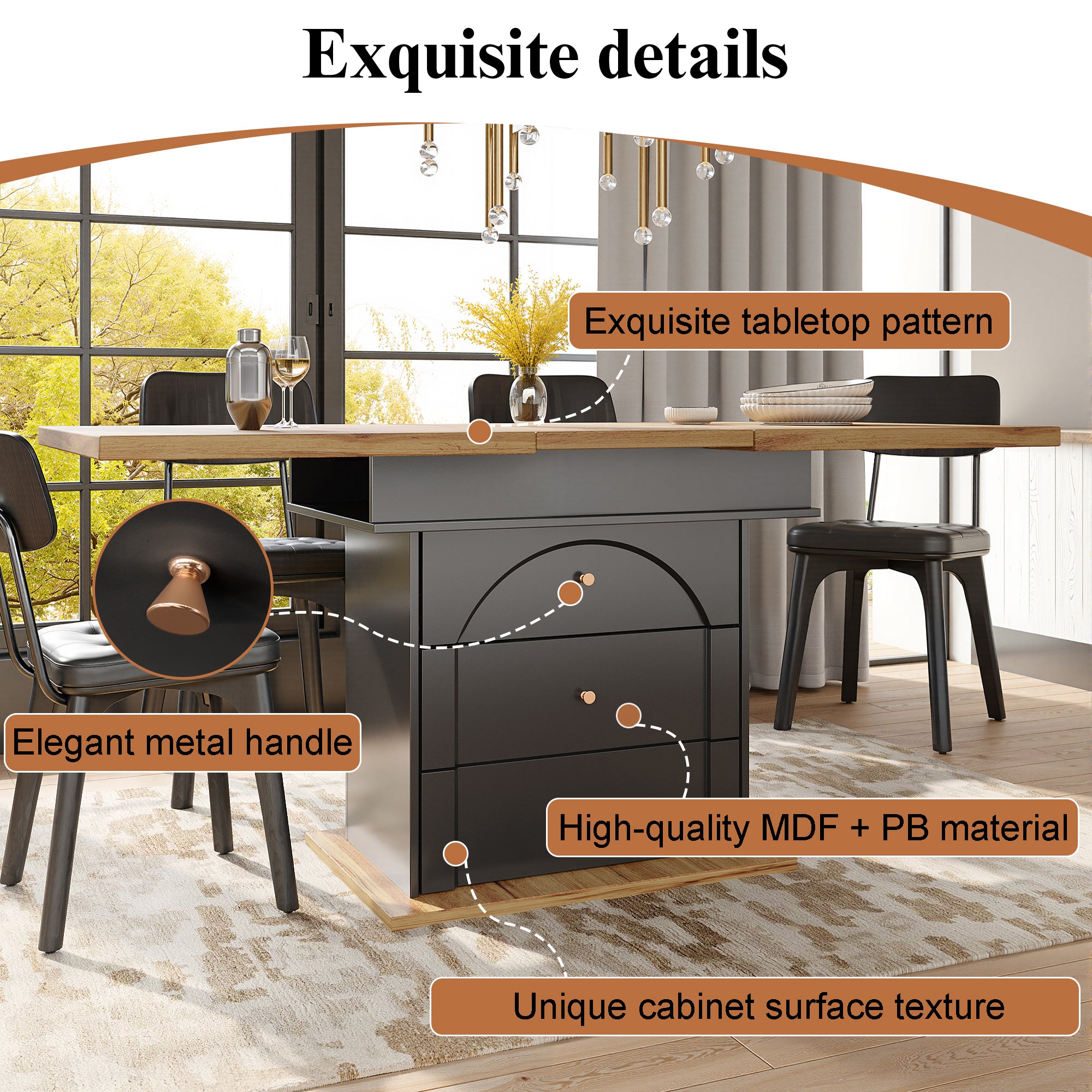 Telescopic dining table (110-140×80 cm), foldable kitchen table for 4-6 people, extendable dining table, space-saving kitchen table, for kitchen and living room, minimalist cabinet door design, black
