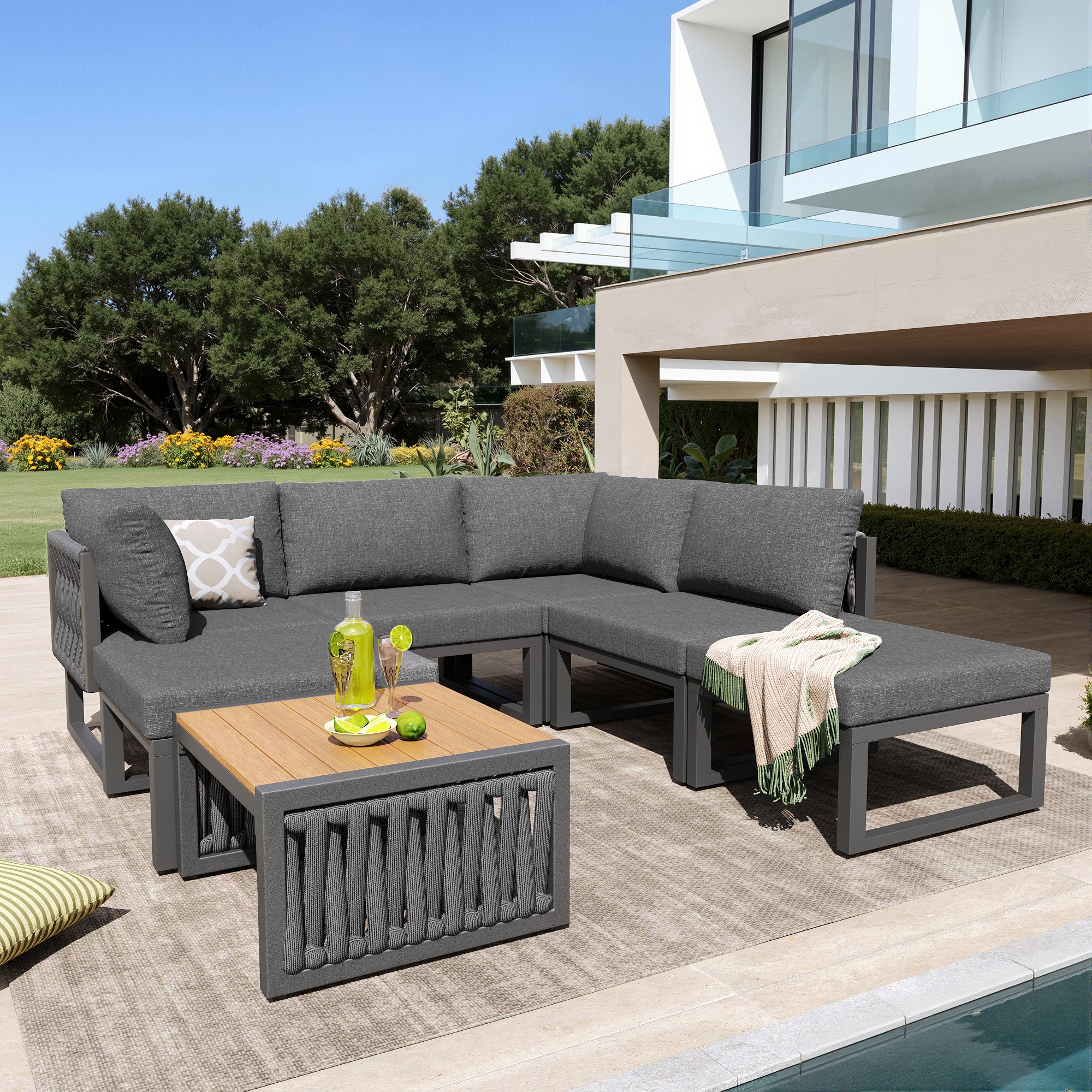 Garden Furniture Set with High-Quality Seat & Back Cushions, Garden Lounge Armchairs for 6 People, Outdoor Daybed, Adjustable Backrest Angle, Gray