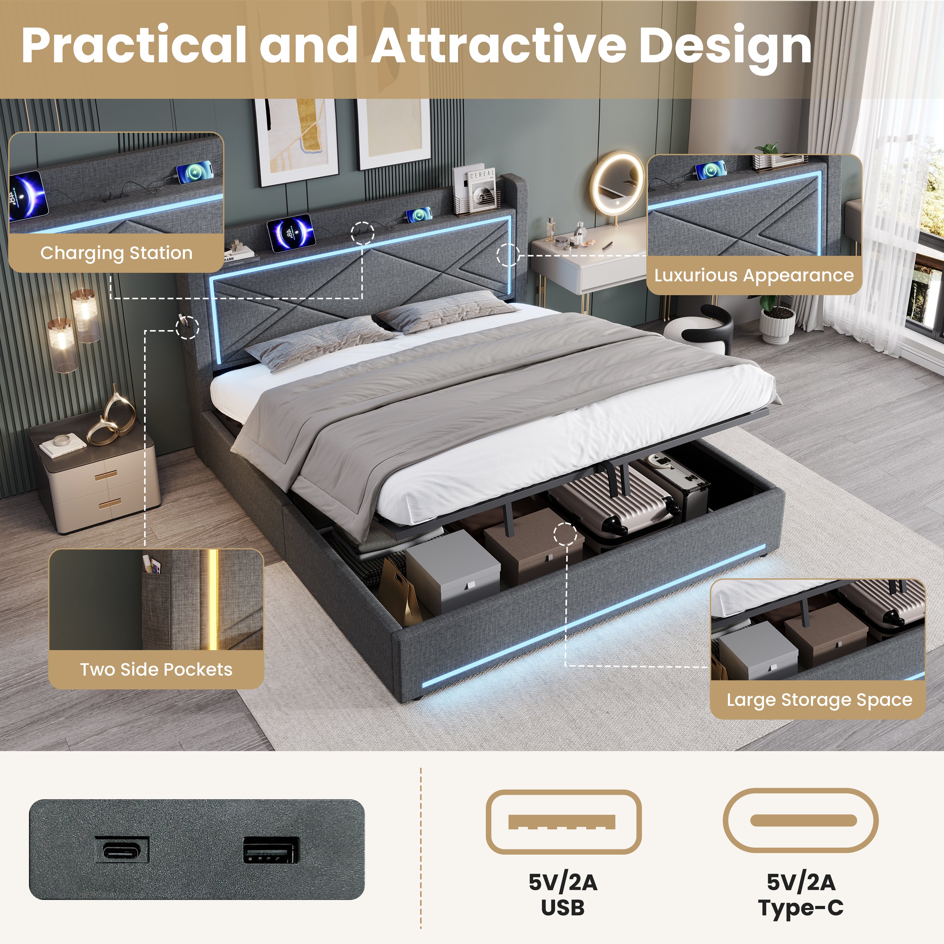 6ft Super King Upholstered Bed Frame with Hydraulic Storage,  Linen Ottoman Bed with LED Lighting and Charging Station, USB and Type - C Ports, No Box Spring Needed, Grey (No Mattress)