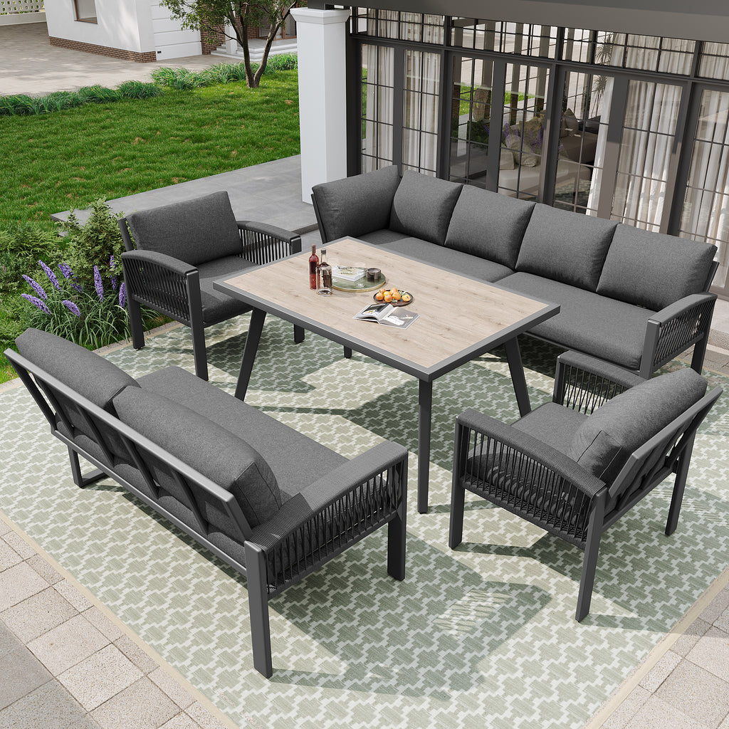 Garden Lounge Set, Furniture Set for 8 People, Ropework, Large Table with Wood Grain Finish, Galvanized Iron Frame, Adjustable Legs, All Seat and Back Cushions Included, Gray