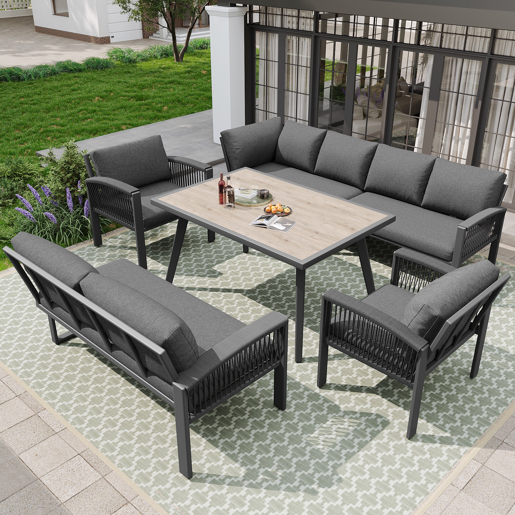 Garden Lounge Set, Furniture Set for 8 People, Ropework, Large Table with Wood Grain Finish, Galvanized Iron Frame, Adjustable Legs, All Seat and Back Cushions Included, Gray