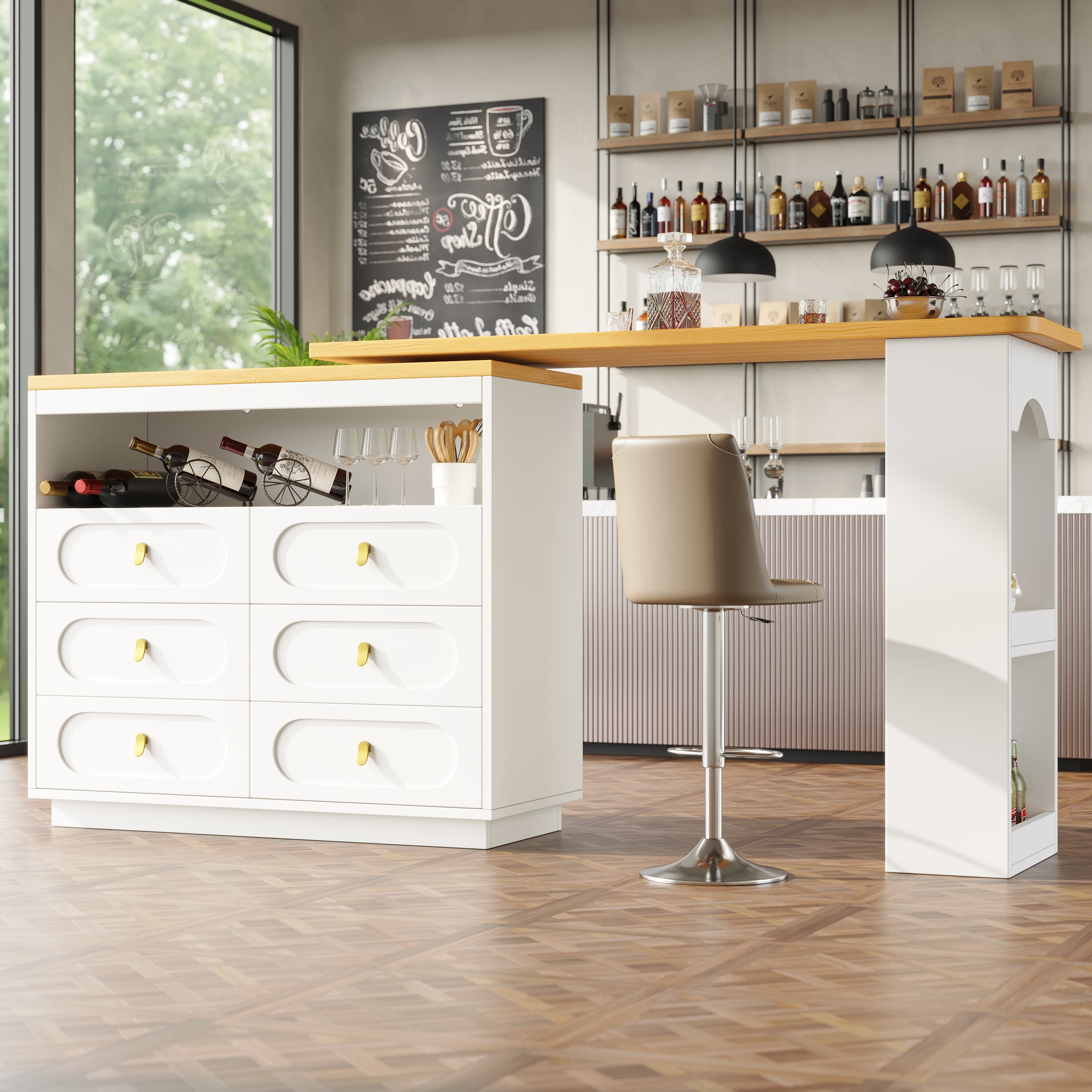 360° rotating bar table (main body 137 x 39 x 90 cm), coffee bar furniture, rotating dining bar with storage, kitchen island, with spice rack, six drawers, open storage space, white