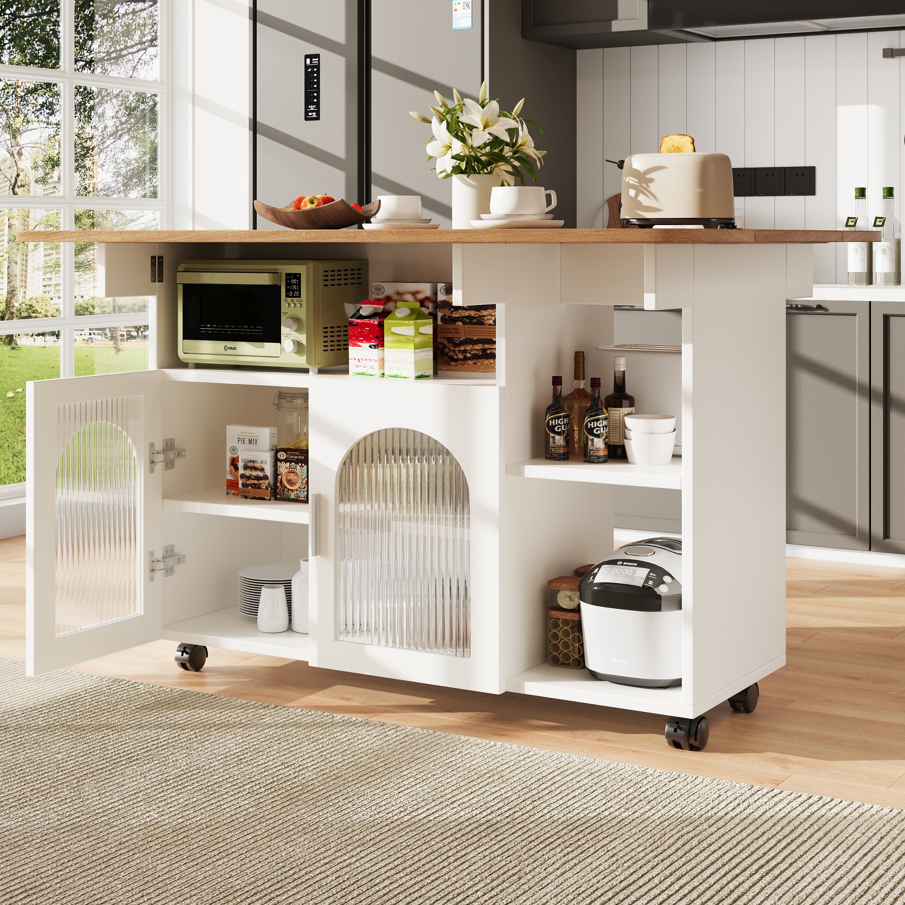 Kitchen island, kitchen cabinet, removable serving trolley, buffet cabinet, dining trolley with wood grain, buffet cabinet, multifunctional dining table with storage space, White