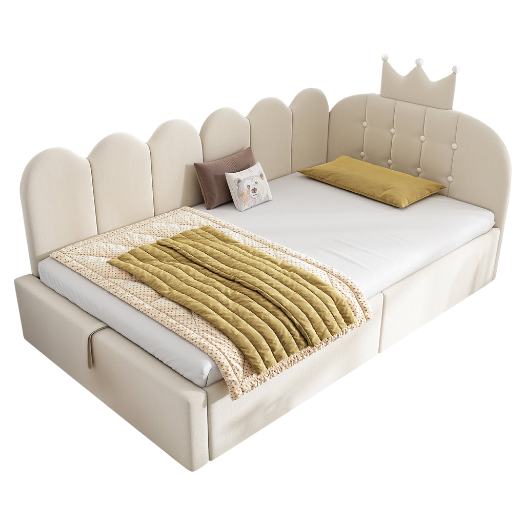 Upholstered Daybed with Hydraulic Storage, 3FT Single Sofa Bed 90 x 190 cm, Crown-shaped Bed Guest Beds for Adults & Children, Velvet, Beige (No Mattress)