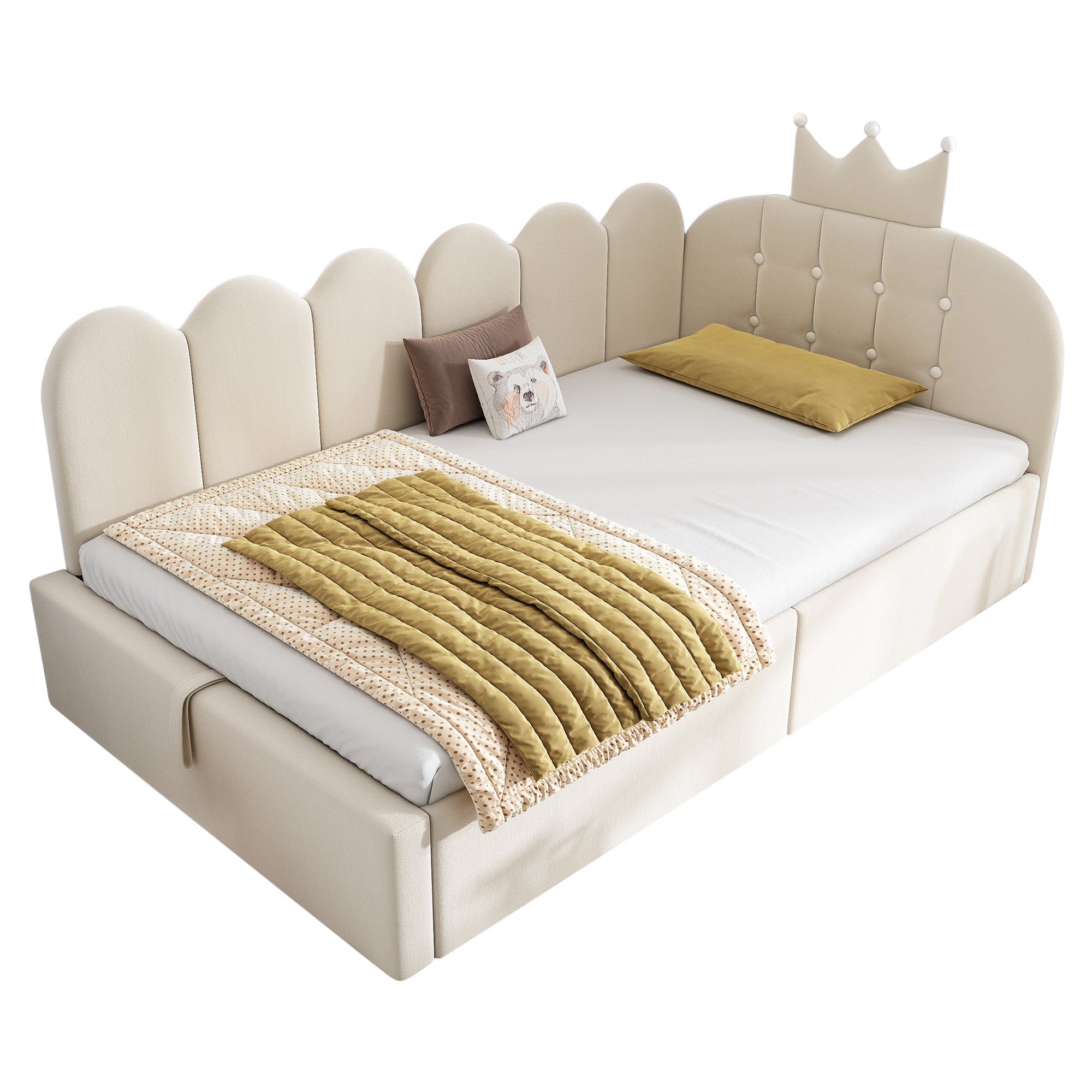 Upholstered Daybed with Hydraulic Storage, 3FT Single Sofa Bed 90 x 190 cm, Crown-shaped Bed Guest Beds for Adults & Children, Velvet, Beige (No Mattress)