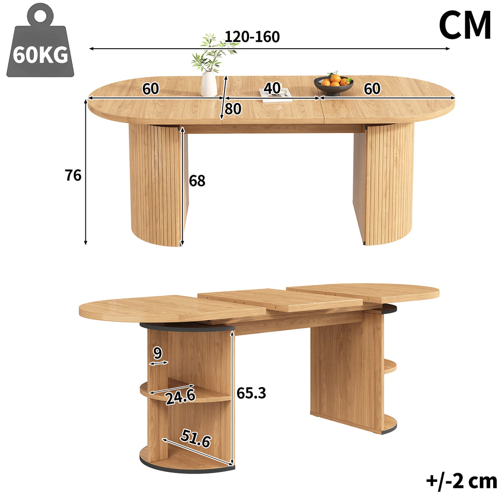 Extendable dining table with hidden storage compartment, thickened tabletop for high stability, flexibly adaptable for small spaces, kitchen, study and living room, natural brown