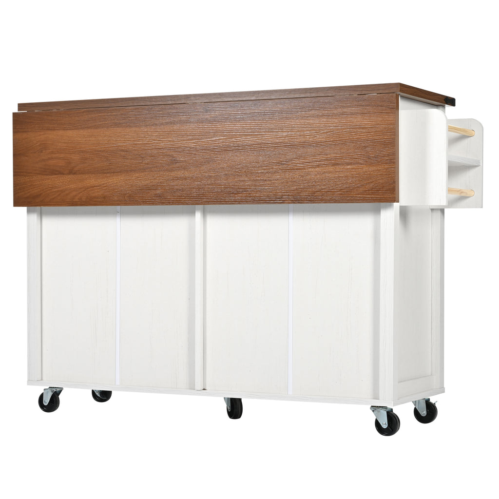 Farmhouse Style Rolling Kitchen Island Storage Trolley with Large Cabinet, 2 Drawers, Adjustable Shelf, Spice&Towel Rack, Dining Room Organiser Sideboard Cupboard Cabinet Cart, White