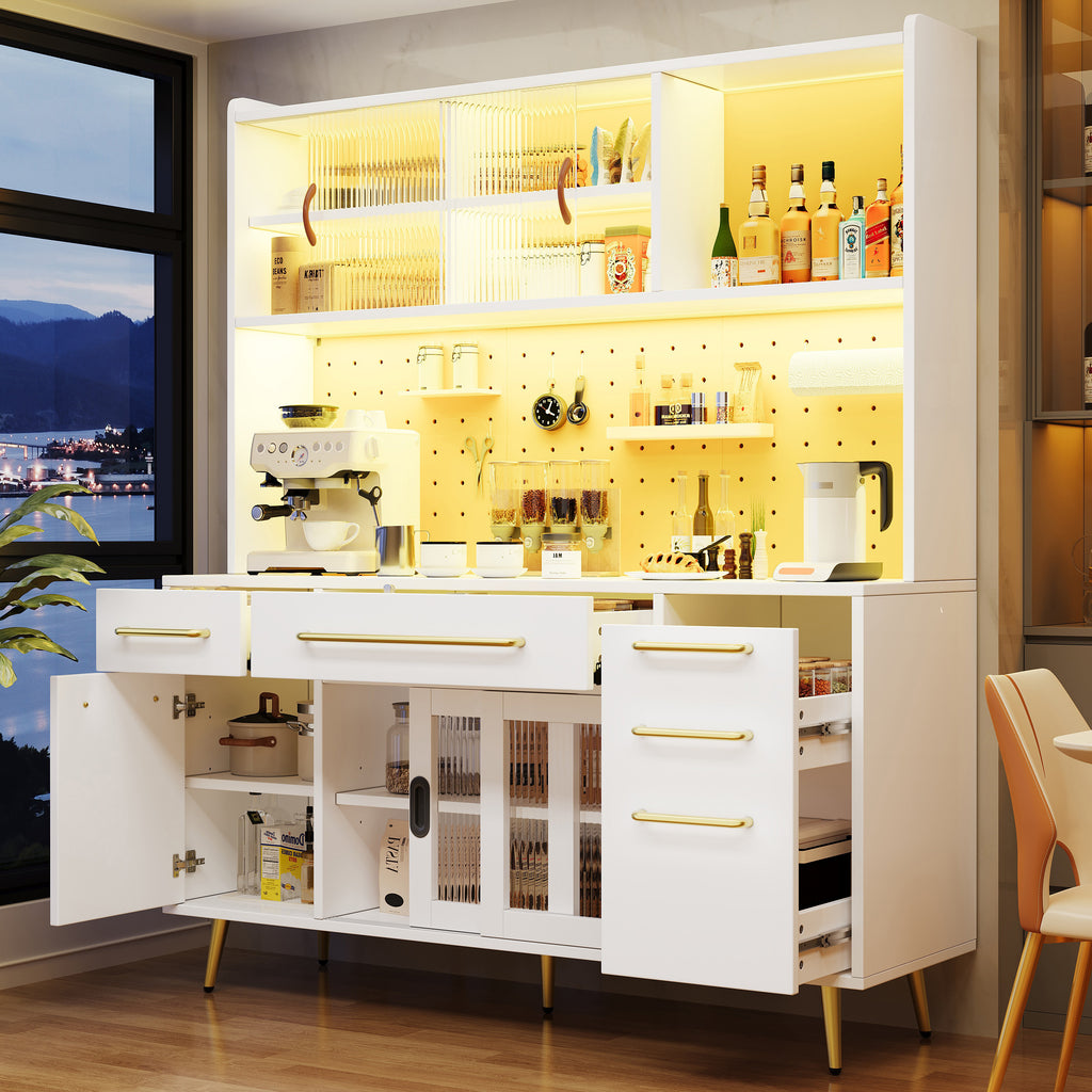 Modern sideboard with LED lighting, tall cabinet for kitchen and living room, storage cabinet with perforated wall, drawer and glass shelves, white