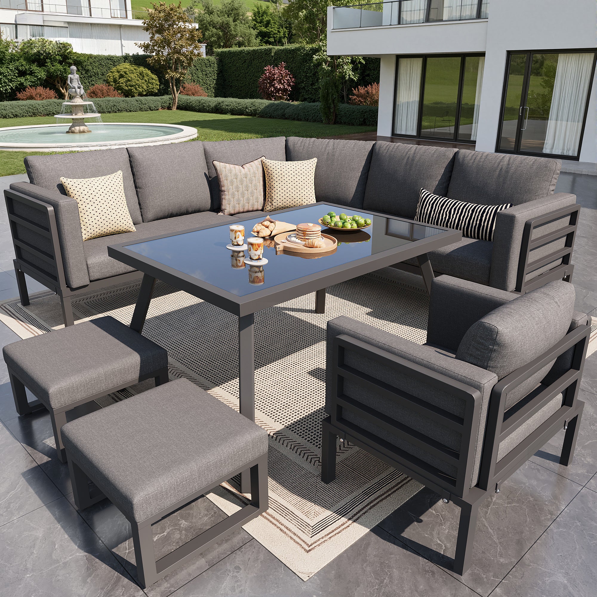 Crescent-shaped garden sofa set for 8 people / Sturdy iron frame with grey cushions / Complete with glass table, 1 armchair & 2 stools / Weatherproof patio furniture for balcony