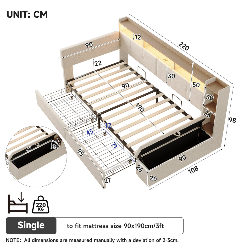3ft Single LED Daybed with Storage Drawers and Bed End Ottoman Storage, Modern Linen Sofa Bed with Charging Station for Living Room/ Bedroom/ Study Room, 90X190cm, Beige (No Mattress)