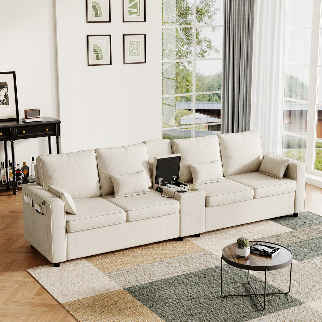 4-Seater Modern Sofa with Storage Console, Minimalist Style Couch with Side Pockets, Cup Holders and Charging Ports (USB & Type-C), for Living Room, Apartment, Office,Beige, Linen Fabric